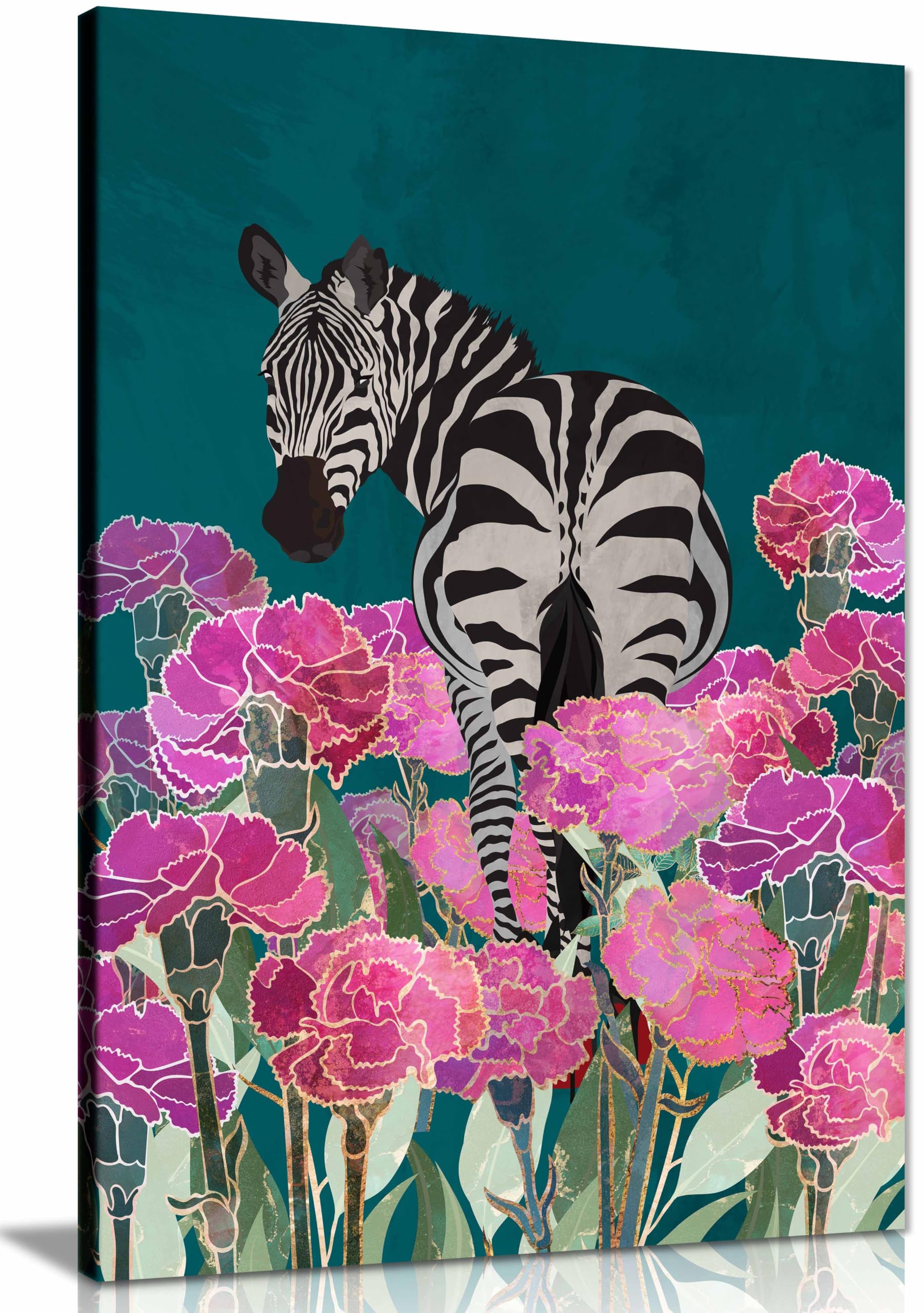 Panther Print Framed Canvas Zebra In A Field Of Flowers Print, Pictures For Home Walls, Bedroom, Living Room & Bathroom Decor 76X51cm (30X20in)