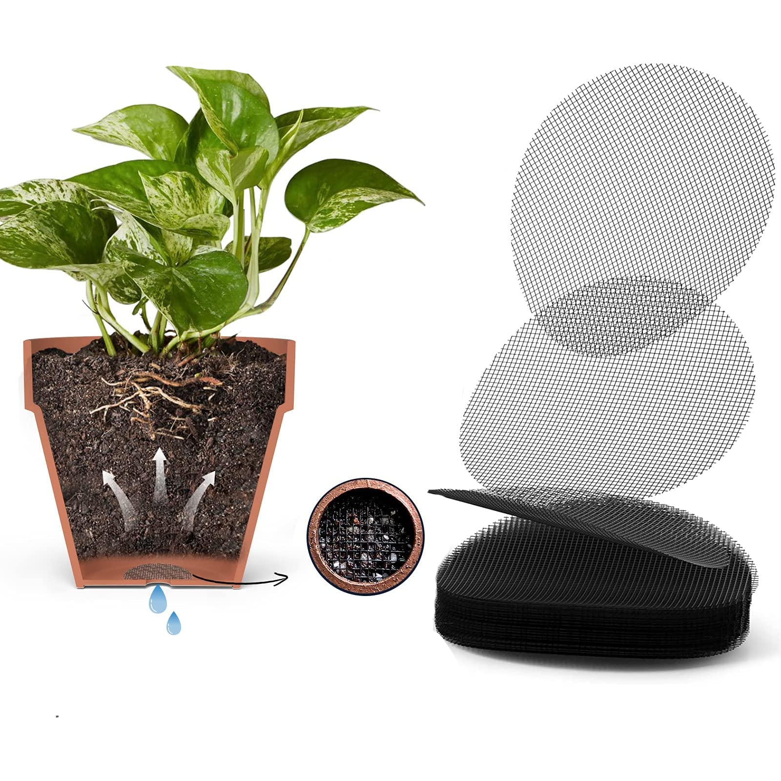 SYOSI Flower Pot Drainage Mesh Pad, 50 Pack 4x4 Inch Garden's Hole Screens, Anti-Soil Loss Bottom Gasket, Breathable Filter Pad Gardening Tools