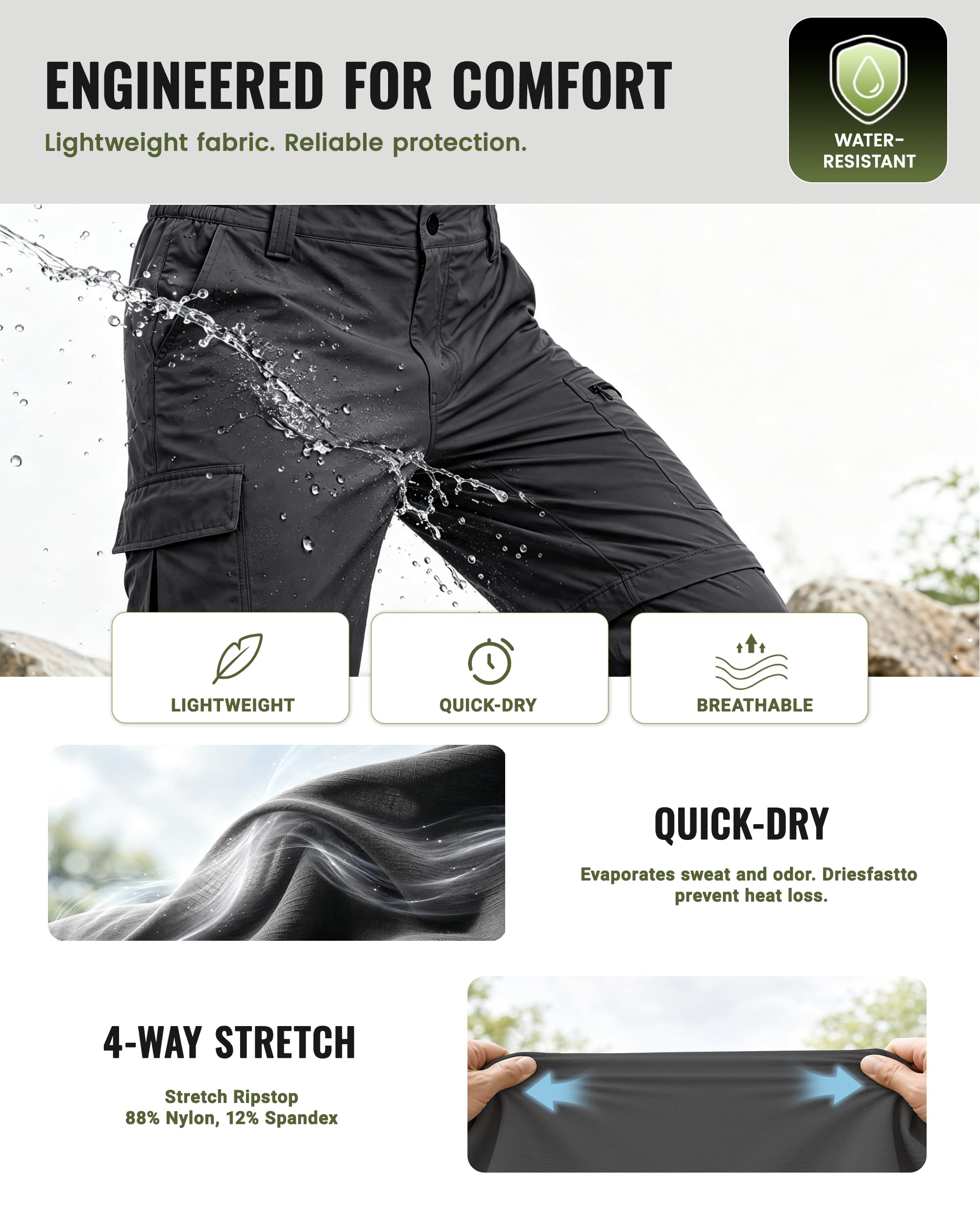 Pantalones convertibles de senderismo para hombre, con cremallera, impermeables, de secado rápido, ligeros, para pesca, safari, viajes, trabajo
