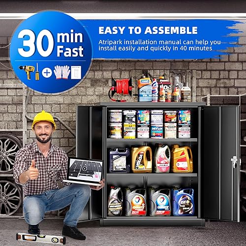 Miniatura 8 de Pataku Gabinete de almacenamiento de metal con puertas y estantes de ajuste, armarios de garaje de 36 pulgadas con cerradura para el hogar, oficina,