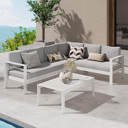 Wisteria Lane Patio Furniture Set, Outdoor Aluminum Sectional Sofa Couch with Coffe Table, All-Weather Metal Conversation Set with Upgraded Light Grey Cushion