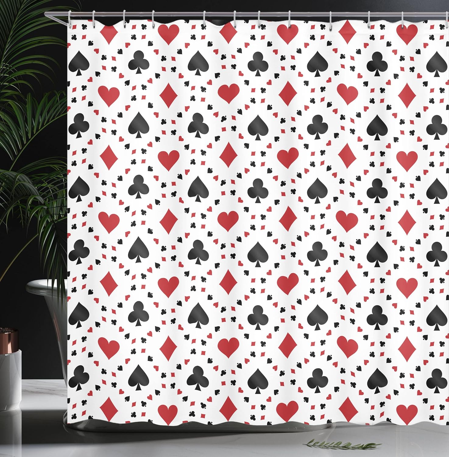 Ambesonne Casino Shower Curtain, Poker Cards Advertising Holidays Getaways Tourist Destinations Pleasure Art Print, Cloth Fabric Bathroom Decor Set with Hooks, 69" W x 70" L, Red Black