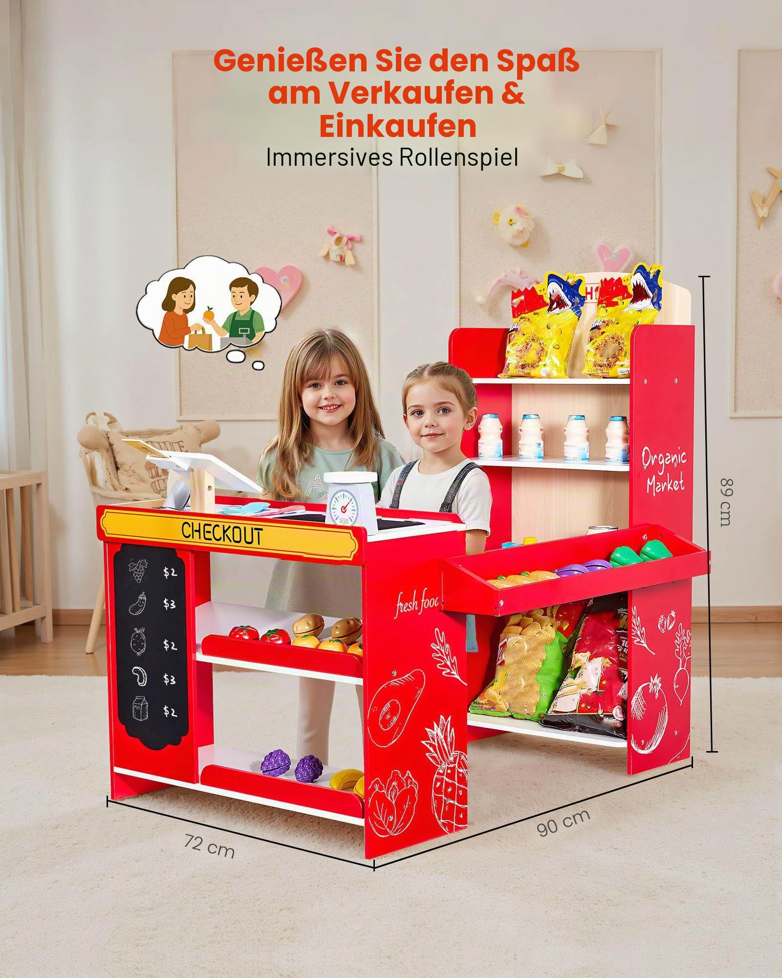 VEVOR Kinder-Lebensmittelladen-Spielset, Holz-Spielladen mit Einkaufstasche,Scanner, Registrierkasse, Obst und Gemüse