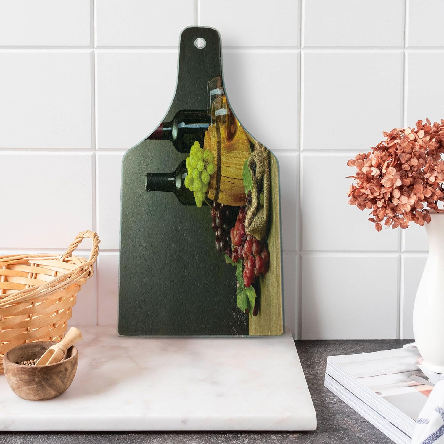 Ambesonne Winery Cutting Board, Barrel Bottles and Glasses of Wine and Ripe Grapes on Wooden Table Picture Print, Decorative Tempered Glass Cutting and Serving Board, Wine Bottle Shape, Grey Taupe