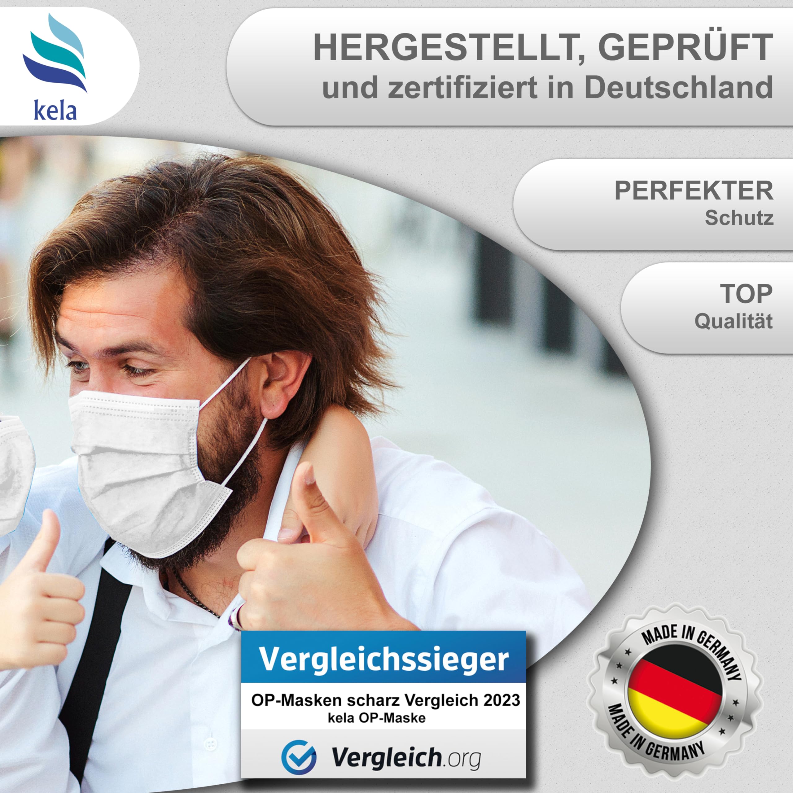 kela, Mascarillas Quirúrgicas, Blanco, Fabricado en Alemania, Mascarilla Medicas Homologadas para Adultos, Material Oeko-tex, CE DIN EN 14683 Tipo IIR - BFE >99,8%, 3 Capas y Sin Grafeno,