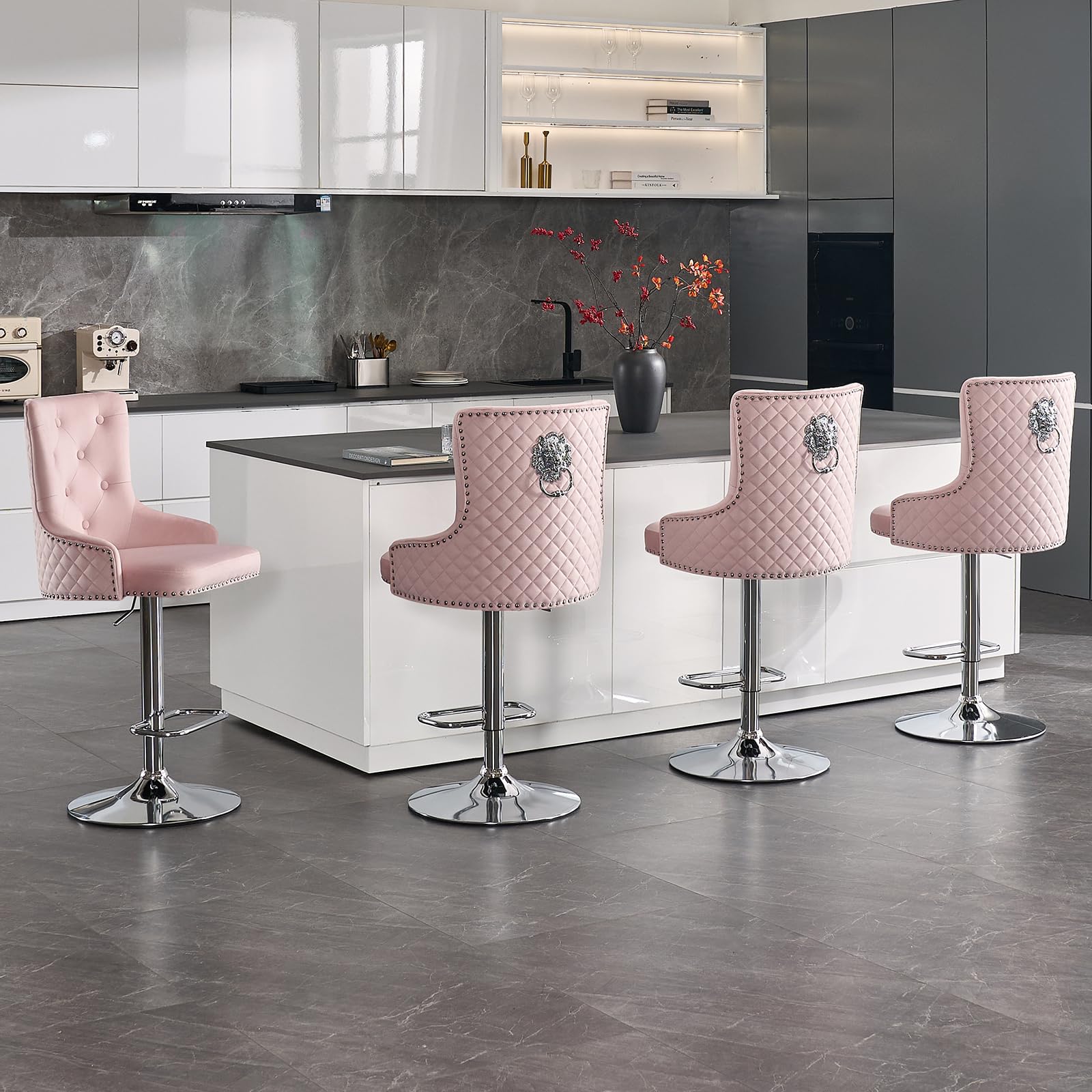 Orirsnug Velvet Bar Stools Set of 4 Modern Counter Height Bar Stools with Lion Pull Ring Tufted High Back, Nailhead Upholstered Barstools for Home