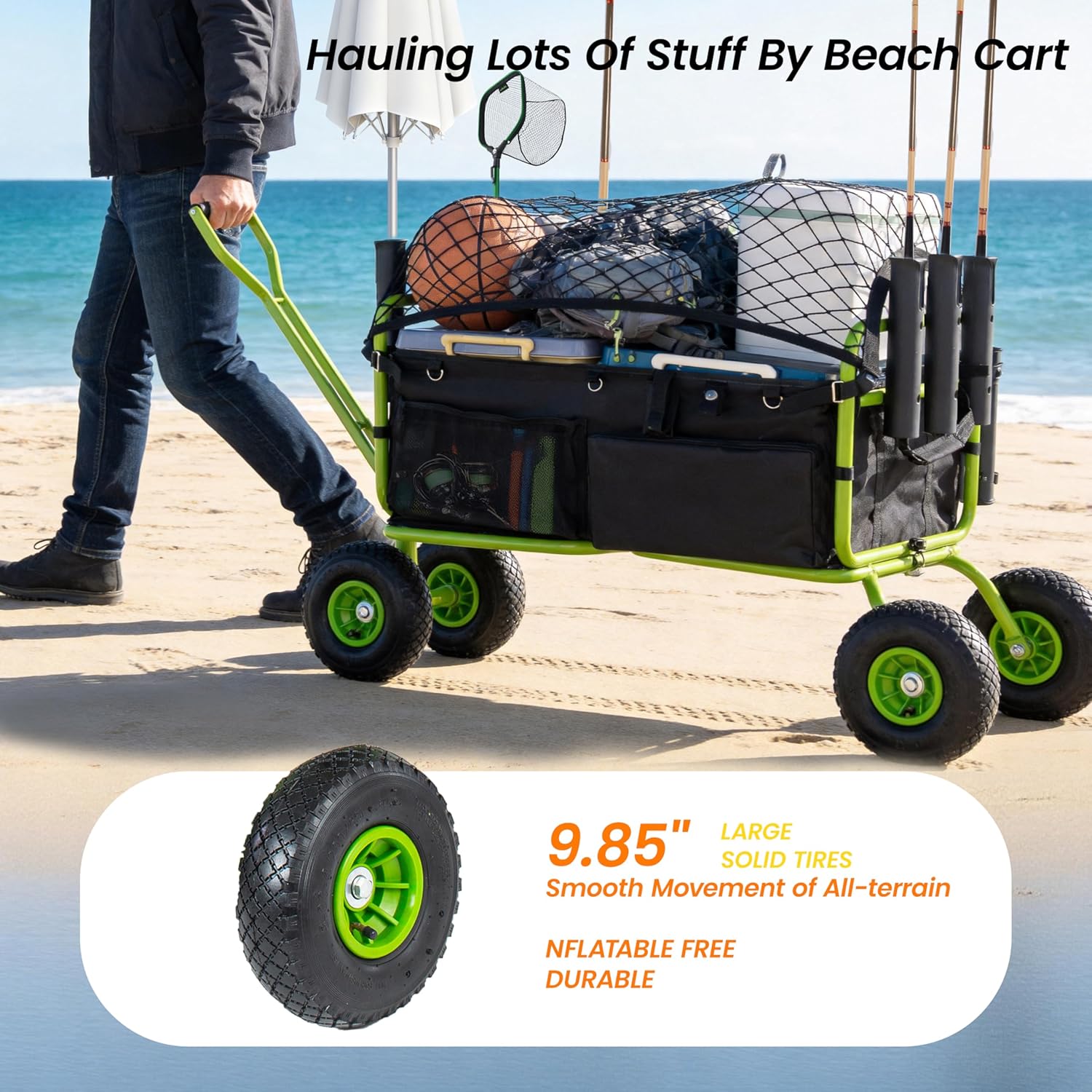 ZeHuoGe Fishing Cart Beach Cart Collapsible Wagon with 9.85'' Wheels, Heavy Duty Garden Cart with Rod Holders,Umbrella Holder and Storage Pockets,550lb Large Capacity (Green)