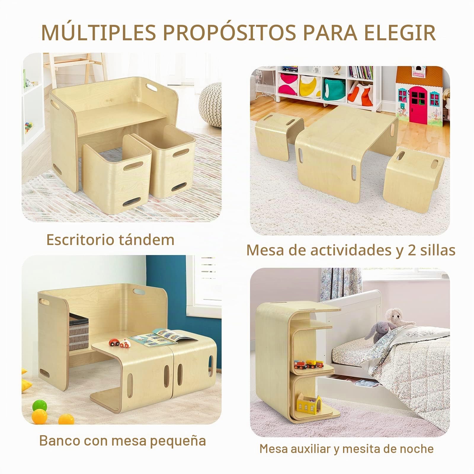LIFEZEAL Juego de Mesa y Sillas Infantil de Madera en Forma de U (Natural)