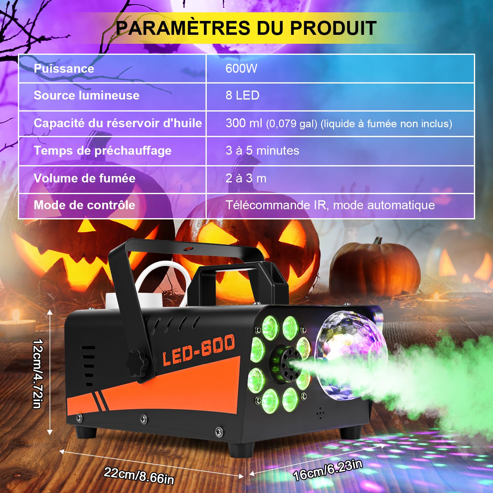 GuKKK Machine à Fumée Télécommande 600W Machine à Brouillard, Portable avec 8 LED Lumières Contrôlables en Couleur, Machine a Fumee DJ pour Halloween, Noël, Fête, Mariage, Effet Scène