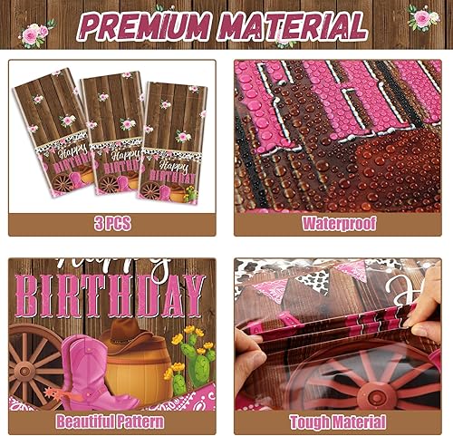 Miniatura 4 de Mantel para fiesta de cumpleaños de vaquera occidental, 3 piezas, 108 x 54 pulgadas, mantel de plástico con temática de vaquera, decoración y