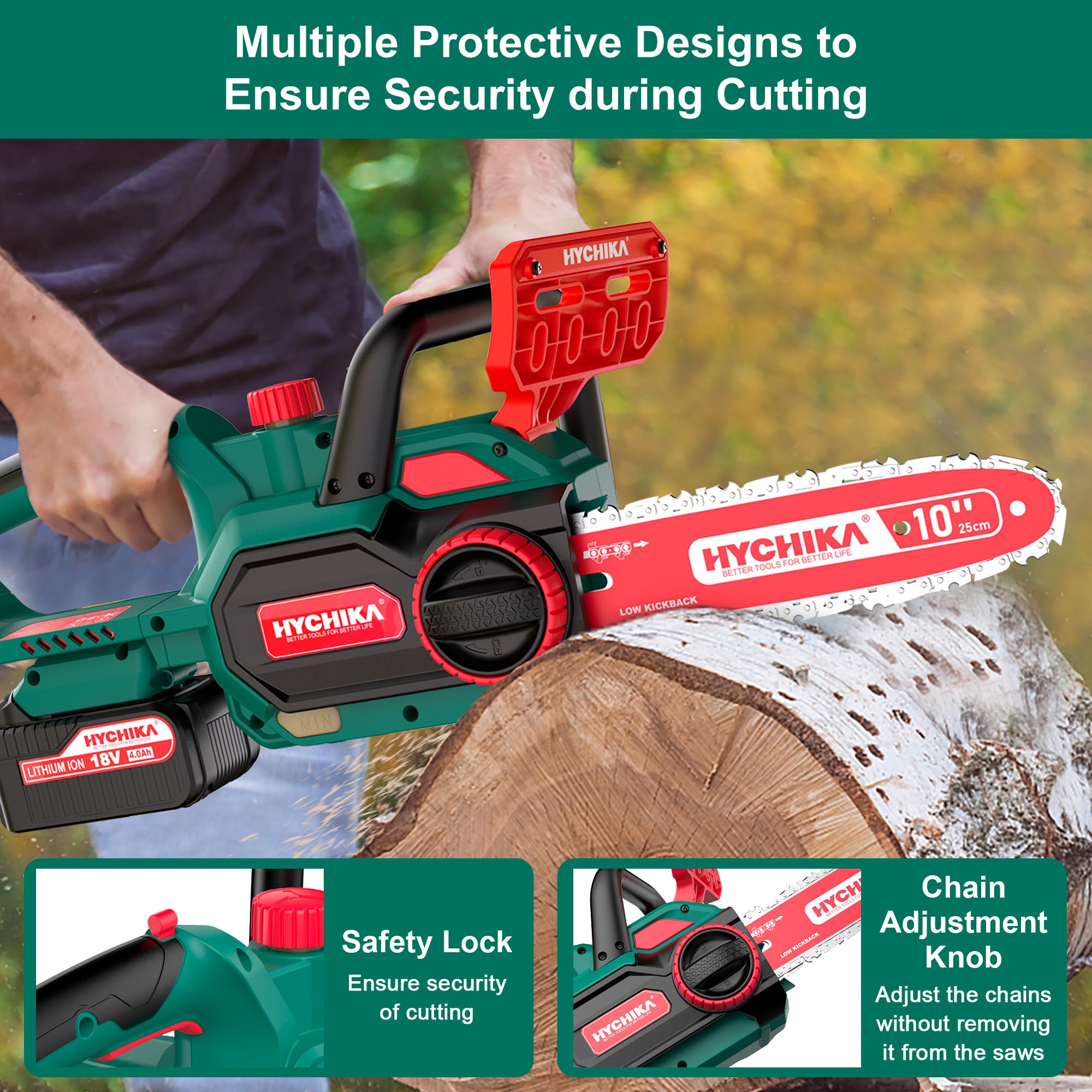 HYCHIKA - Motosierra eléctrica con cadena 3/8 de 10 pulgadas, motosierras inalámbricas de 18 V con batería de 4000 mAh y cargador, sierras eléctricas para cortar madera y árboles, sierra de árbol de