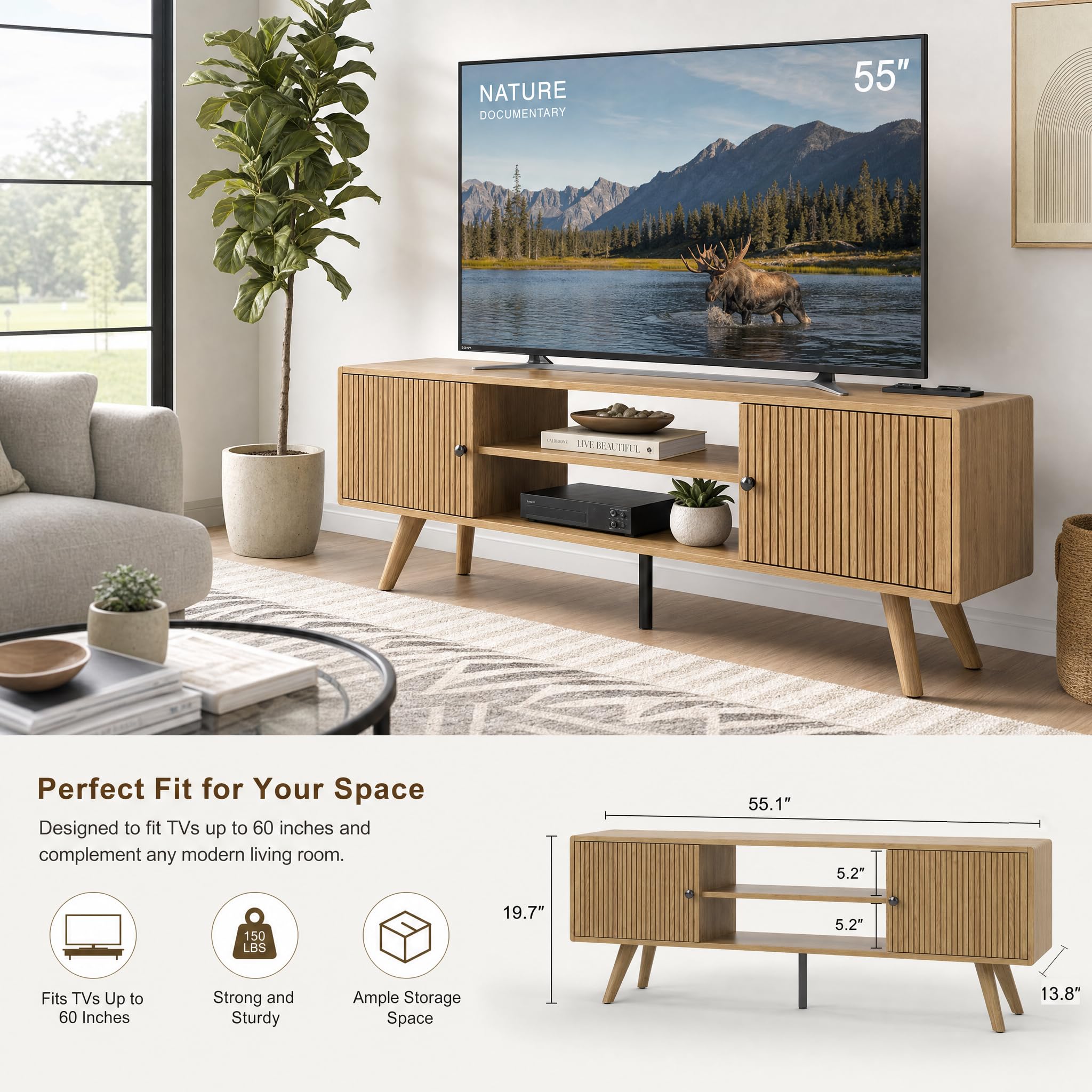 TV Schrank Holz 140cm lang – Lowboard Stehend mit 2 Staufächern & 2 Offenen Regalen, TV Sideboard Wohnzimmer für 60 Zoll Fernseher, Fernsehtisch Holz aus P2-Platte 15cm, Moderner & Landhausstil,Eiche