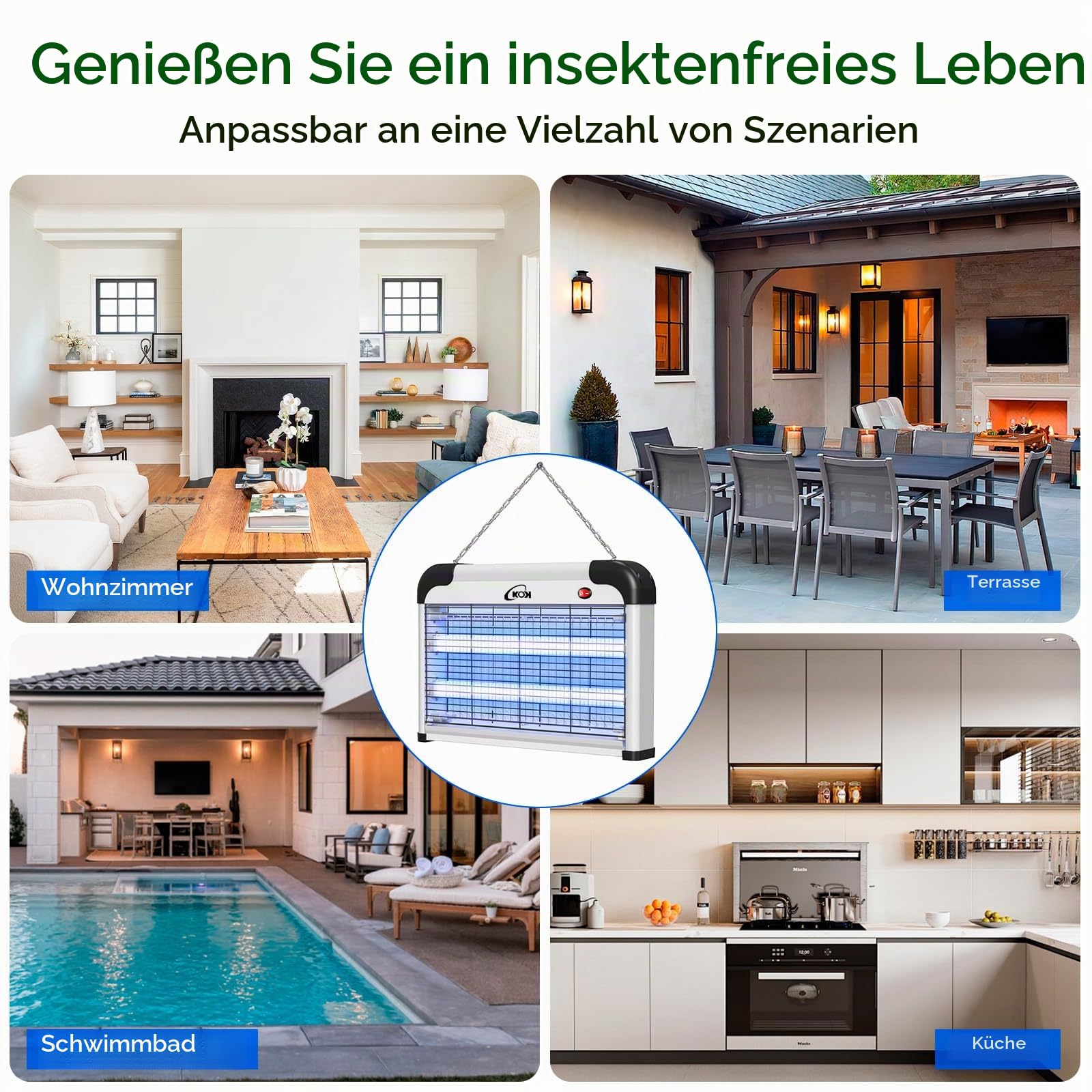 KOK 20W UV Insektenvernichter elektrisch, Mückenlampe mit Zwei Ersatzbirnen geliefert, enthält Keine Chemikalien und eignet Sich für Innenräume wie Schlafzimmer, Wohnzimmer und Küchen
