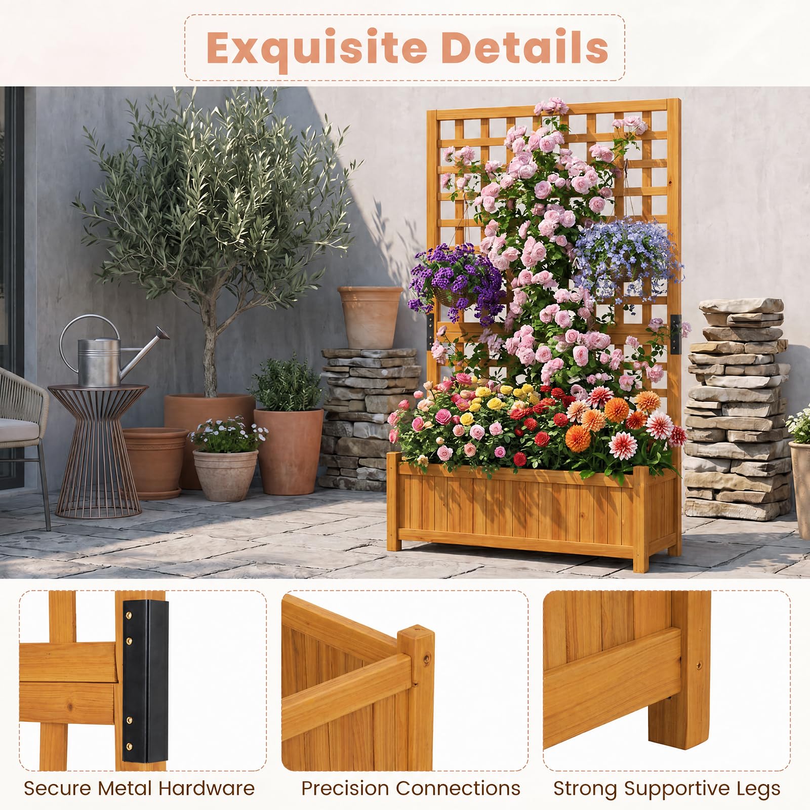 HOMASIS Blumenkasten mit Sichtschutz, Pflanzkübel mit Rankgitter, Pflanzkasten aus Holz, Hochbeet Pflanzgefäß Rankkasten Gartenspalier Rankhilfe für Balkon Garten Terrasse (Orange, 76x32x143cm)