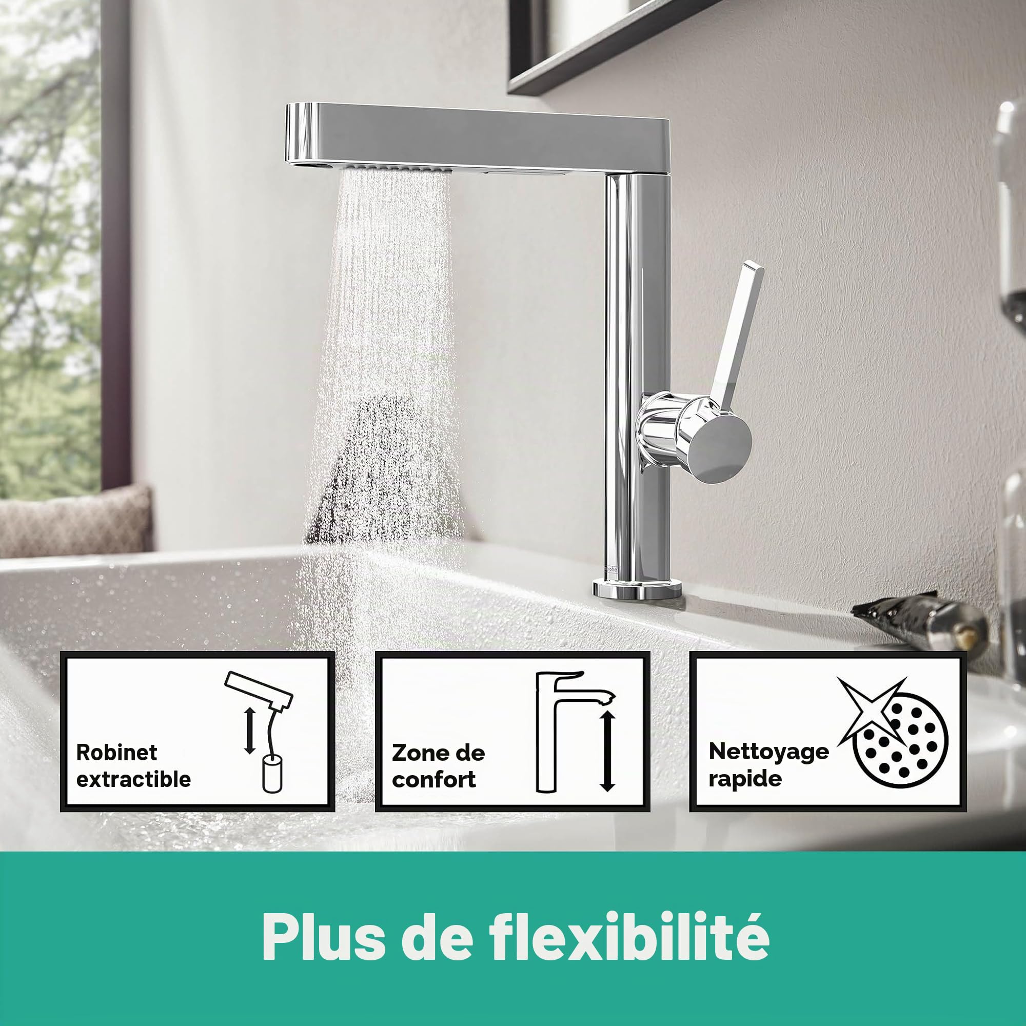 hansgrohe Finoris - Mitigeur de lavabo avec vidage Push-Open, avec douchette extractible, Robinet de salle de bain avec hauteur sous bec 229 mm, économie d'eau (EcoSmart), Chromé, 76063000