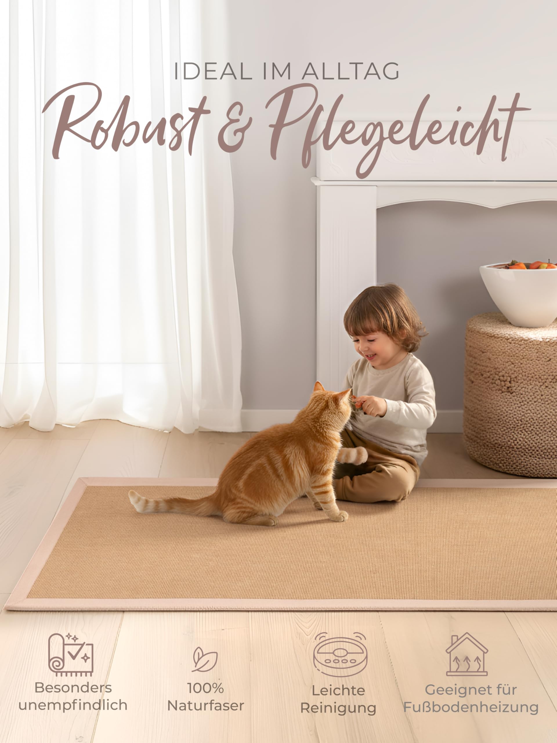 carpetfine Sisalteppich Läufer Naturfarbe 60x180 cm handgewebt mit Bordüre aus Baumwolle in Beige | Rutschfester Flachgewebe Teppichläufer Uni aus Naturfasern für Wohnzimmer, Schlafzimmer
