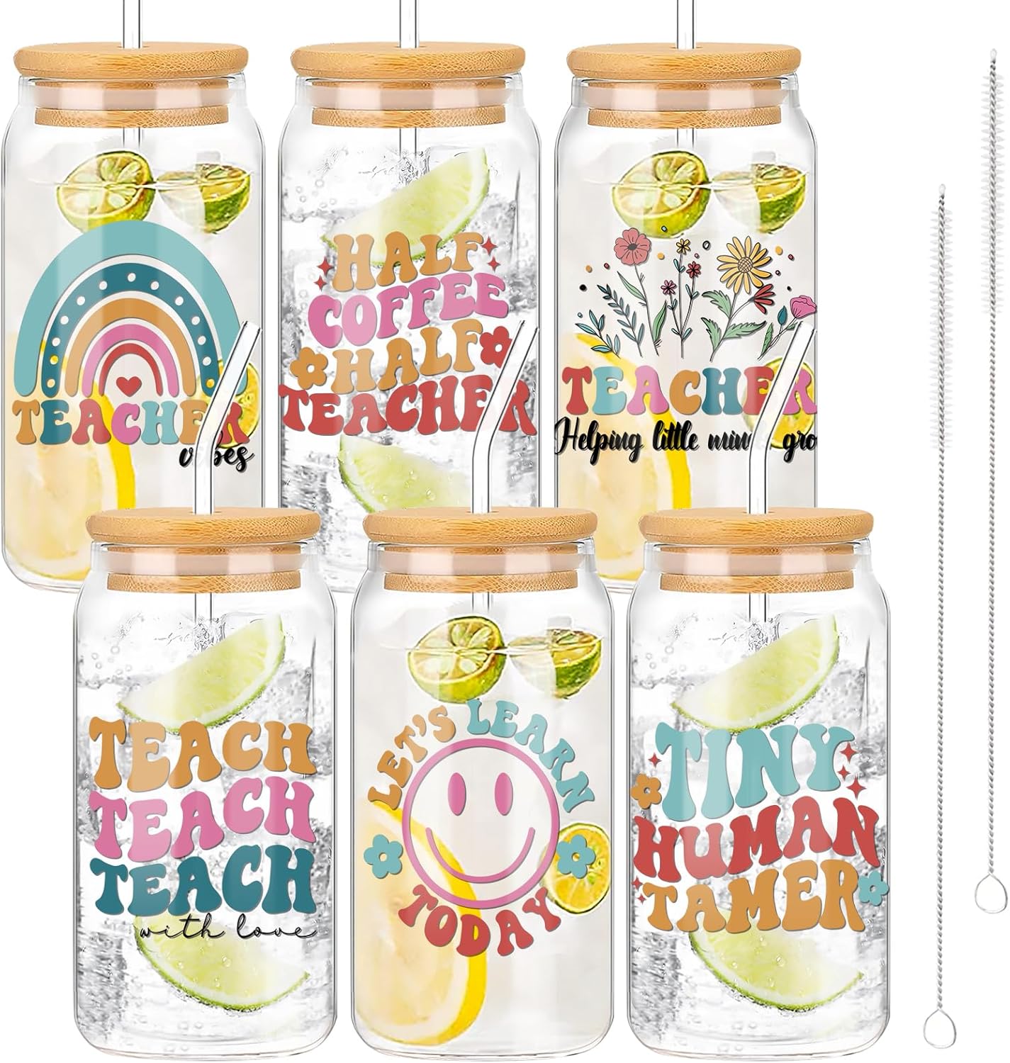 Whaline 6 Pack Teacher Drinking Glasses Boho Rainbow Flower Ice Coffee Cup Colorful Beer Glass Can for Cocktail Whiskey Beer Soda, Gifts for Teacher, 16 Oz