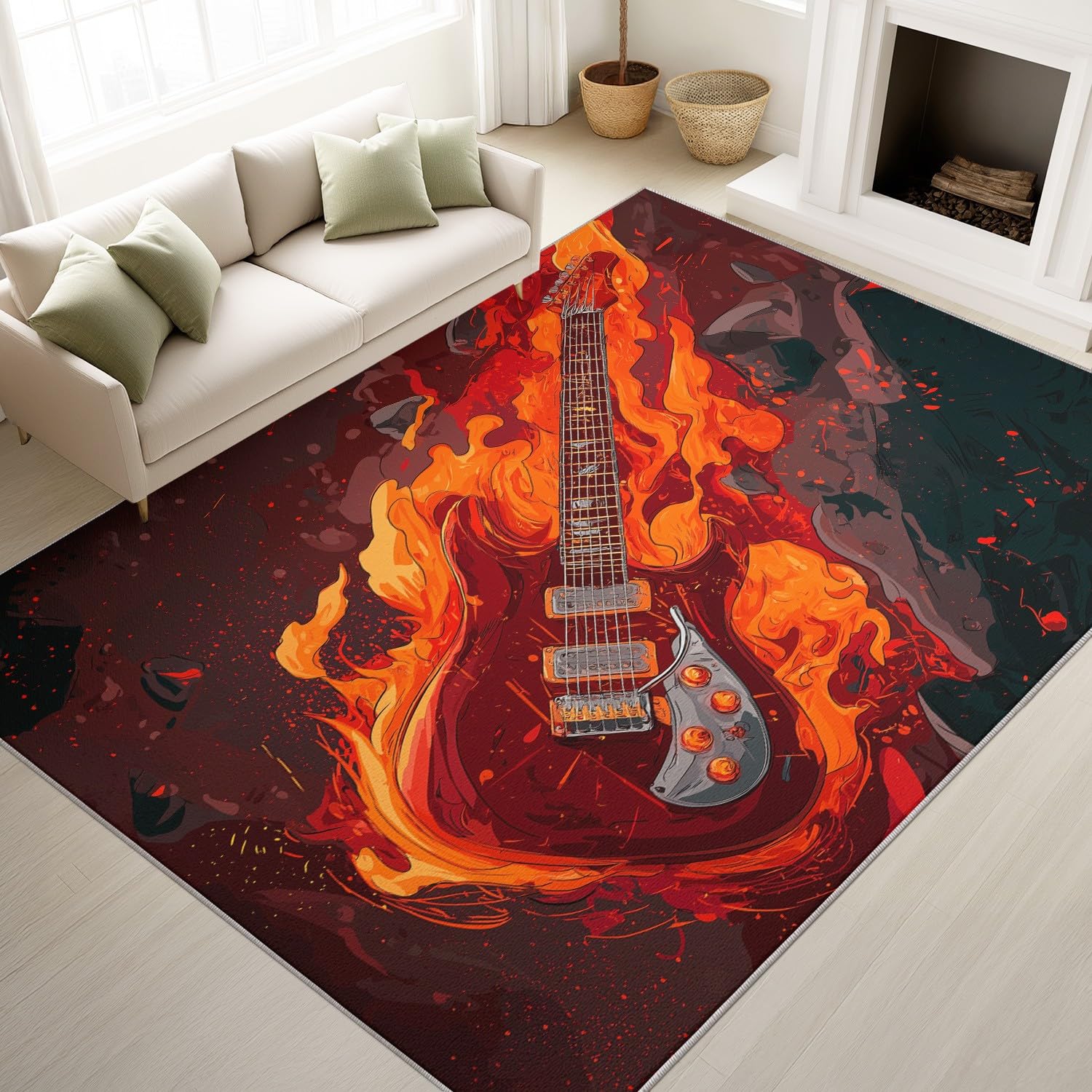 Générique Tappeto lavabile in lavatrice, soggiorno, 140 x 200 cm, tappeto rock musica a pelo basso, morbido, antiscivolo, esplosivo, chitarra, fiamme, camera da letto, cucina, ingresso sala relax
