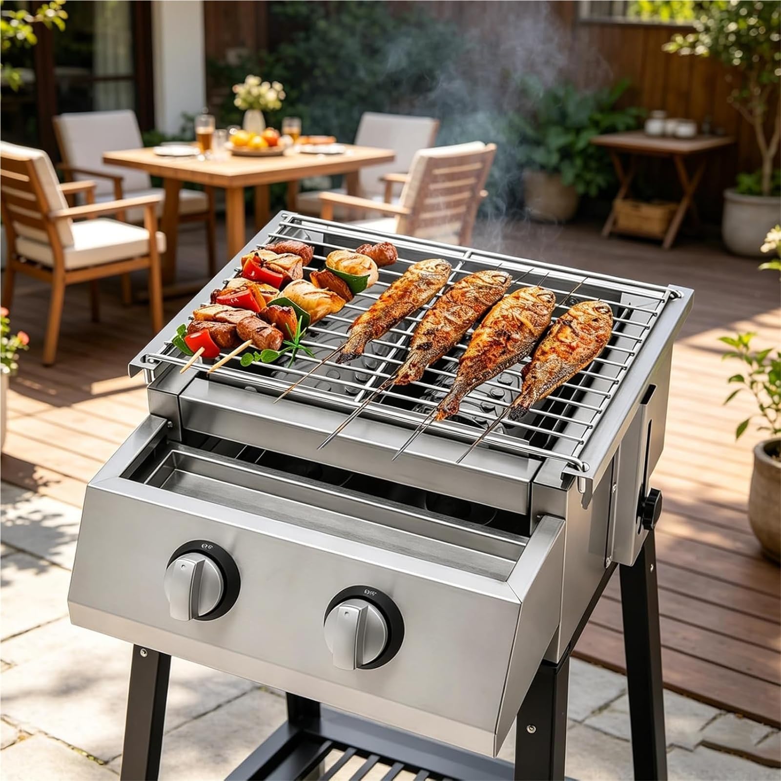Dwupalnikowy grill gazowy Deluxe ze składanymi stolikami bocznymi, przenośny grill gazowy LPG, elektroniczny zapłon, regulacja wysokości, zewnętrzna kuchenka stołowa do grillowania