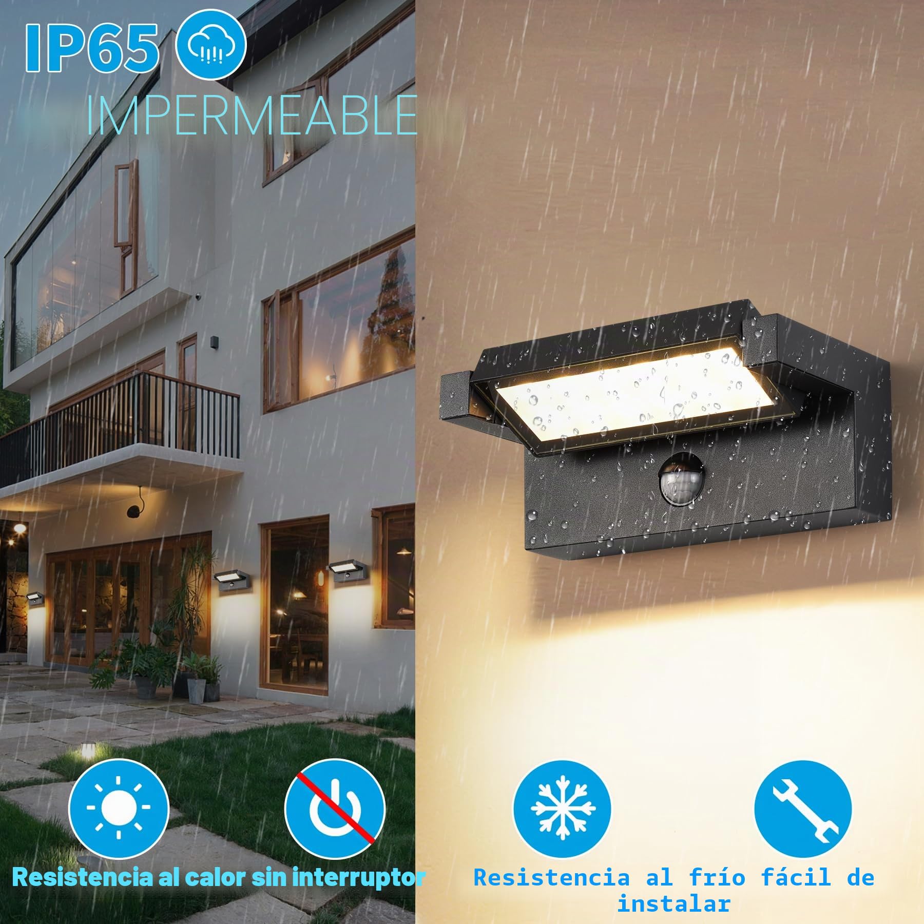 KUKAK LED aplique pared de 22W con sensor de movimiento,luz terraza exterior IP65 impermeable,aplique de 3000K en blanco cálido para exterior/interior con panel orientable de 350° para jardín,Negro