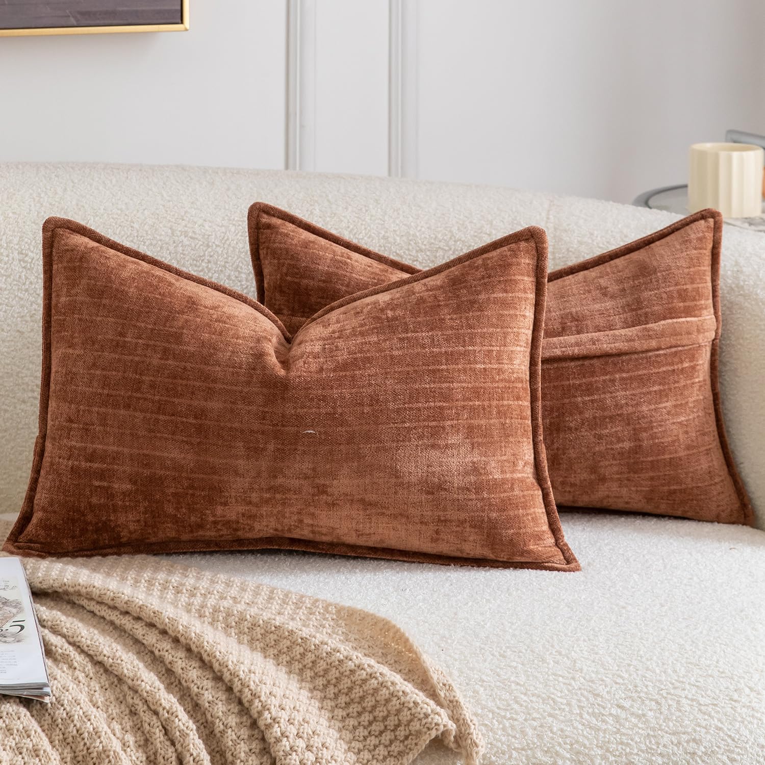 Madizz Pack of 2 Decorative Striped Cushion Covers Vintage Boho Soft Chenille Throw Pillows Luxurious Pillow Cases for Couch Sofa Bedroom Living Room 30x50 CM, Chestnut