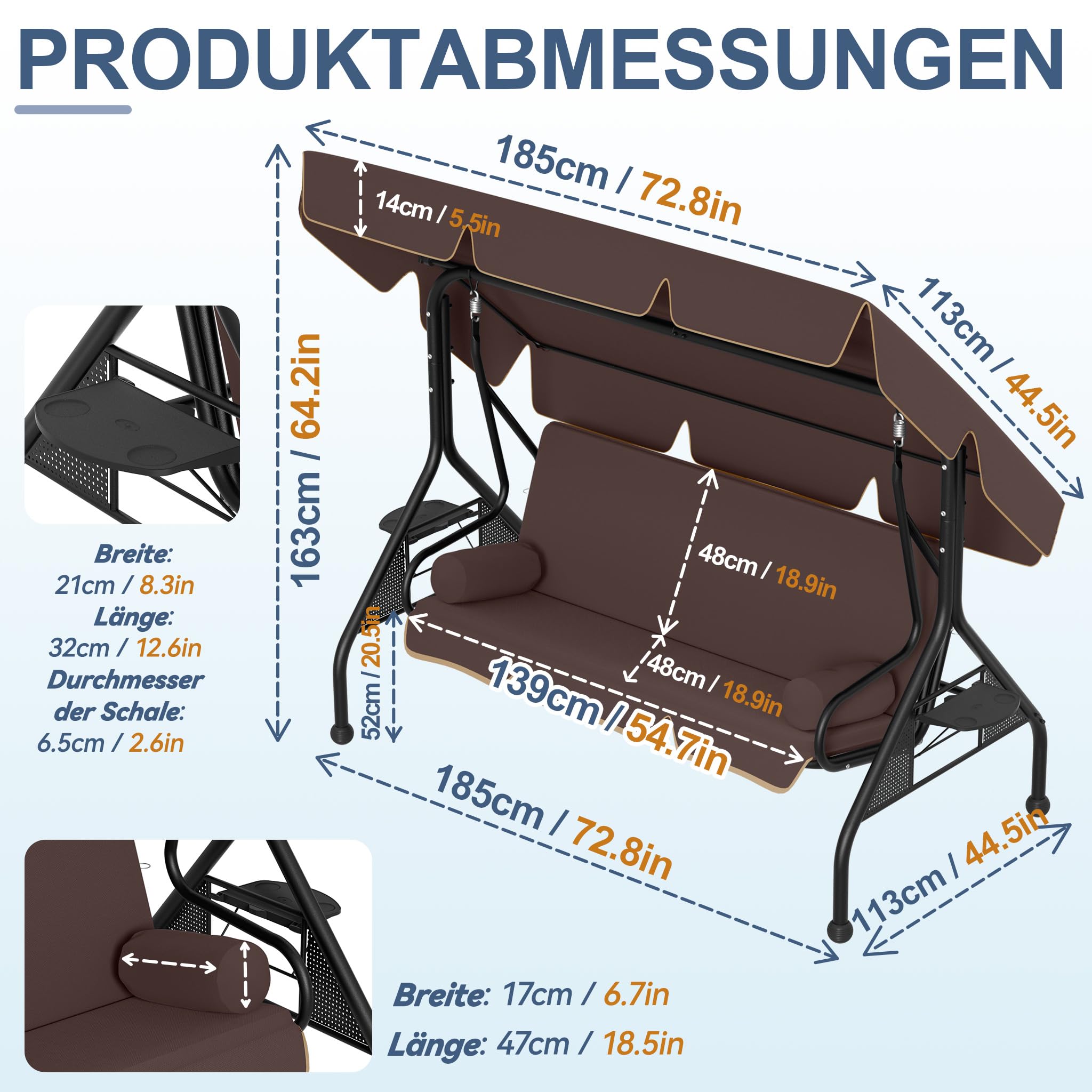 3-Sitzer Hollywoodschaukel 2in1 Sitz- und Liegeschaukel für Garten, verstellbare Liegefunktion mit Sonnendach und gepolsterter Sitzfläche Stahlrahmen bis 350 kg Belastbarkeit, Dunkelbraun