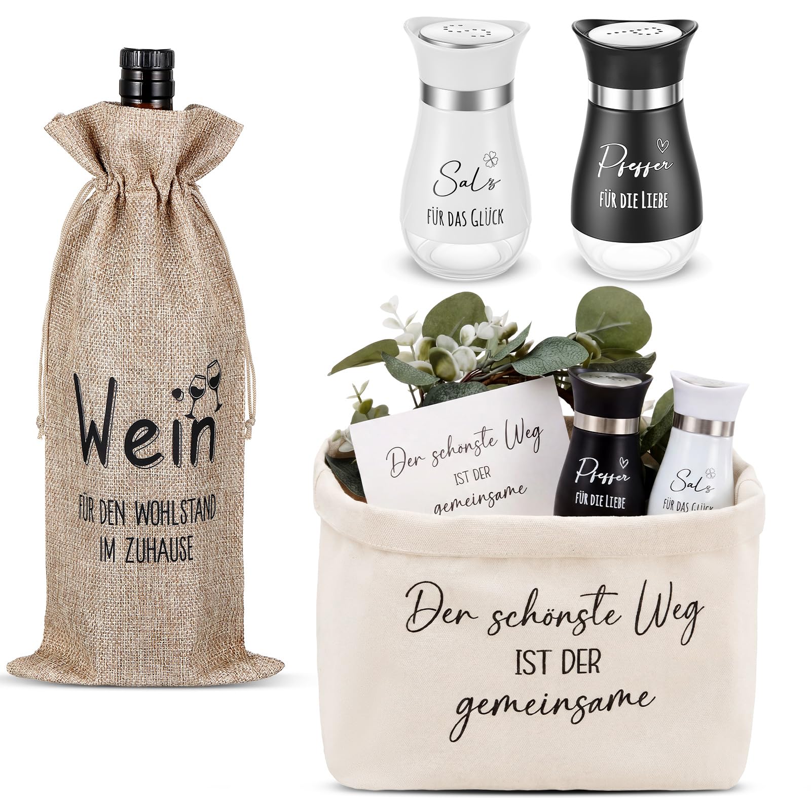 Sinmoe Hochzeitsgeschenk für Brautpaar Brotkorb Salz und Pfefferstreuer Jute Weinbeutel Hochzeitskarte Einzugsgeschenke Haus Geschenkideen zur Hochzeit Hochzeitstag Silberhochzeit Verlobungsgeschenk