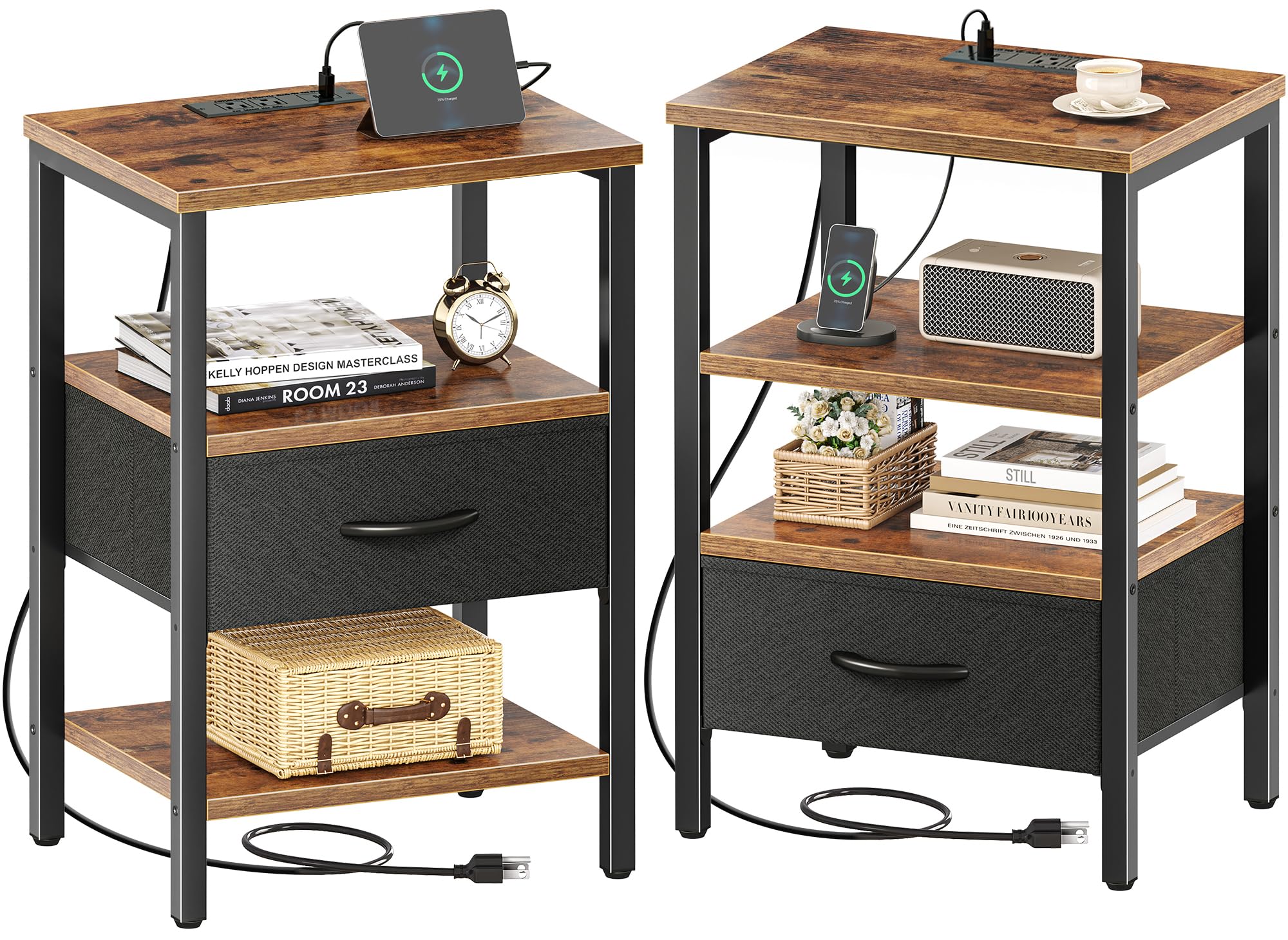 SUPERJARE Nightstand Set of 2, Bed Side Tables with Charging Station, Adjustable Fabric Drawer, Night Stand for Bedroom, 3-Tier Storage End Tables, for Living Room, Rustic Brown and Black