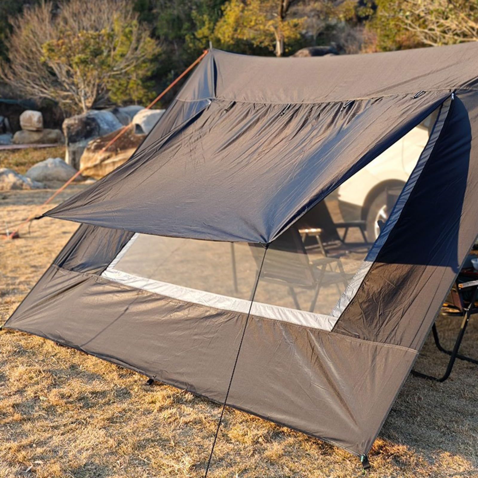 Toldo para caravana de 2,8 x 4,8 m con ventana de malla, tela Oxford recubierta de plata 210D, para protección UV (caqui)