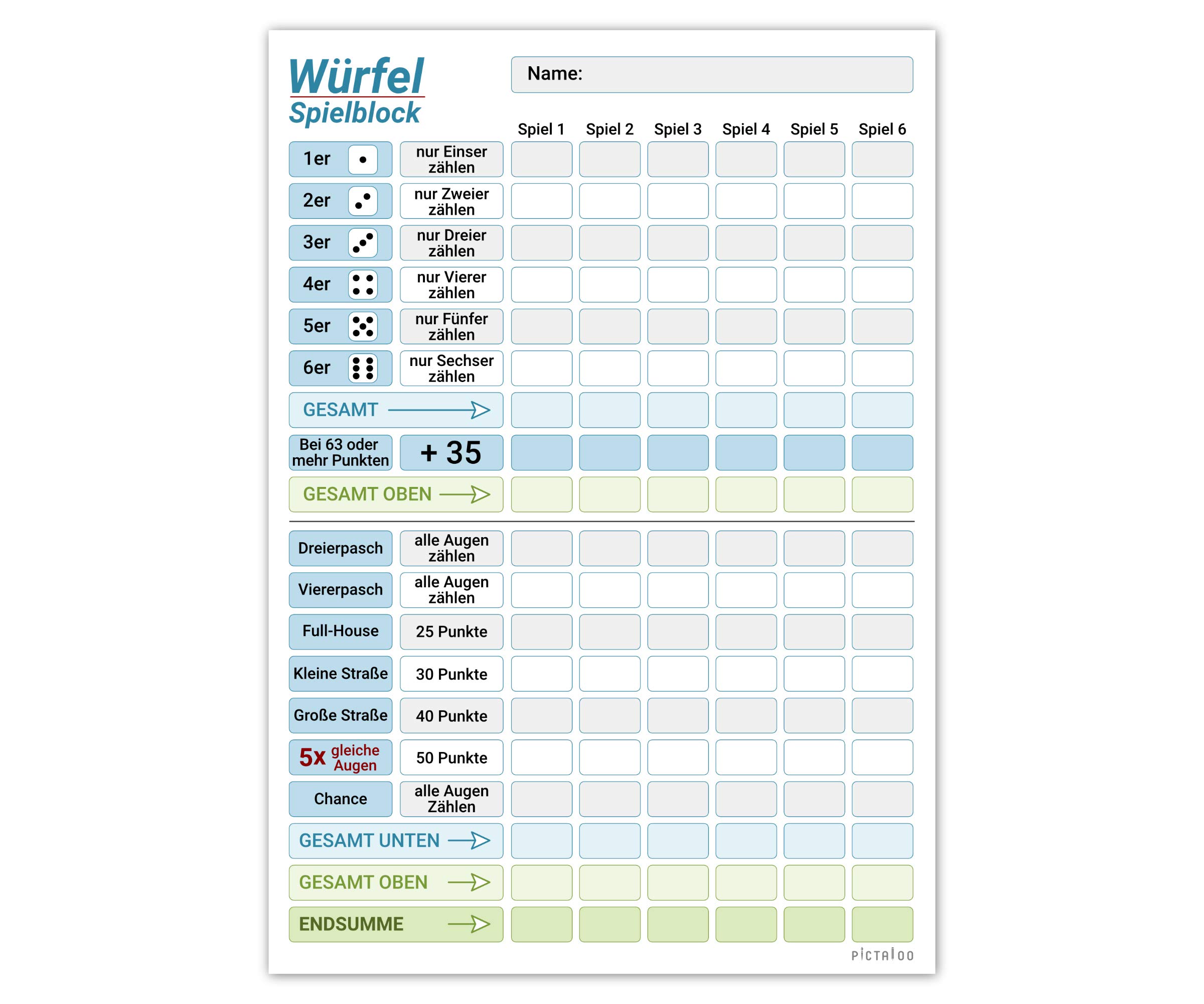 PICTALOO Würfelspiel Block DIN A5, gut lesbar und übersichtlich gestaltet, moderner Ersatzblock, Spielblock groß, auch für Senioren und Kinder geeignet, Würfel Spiel Set, Familienspiel (blau)