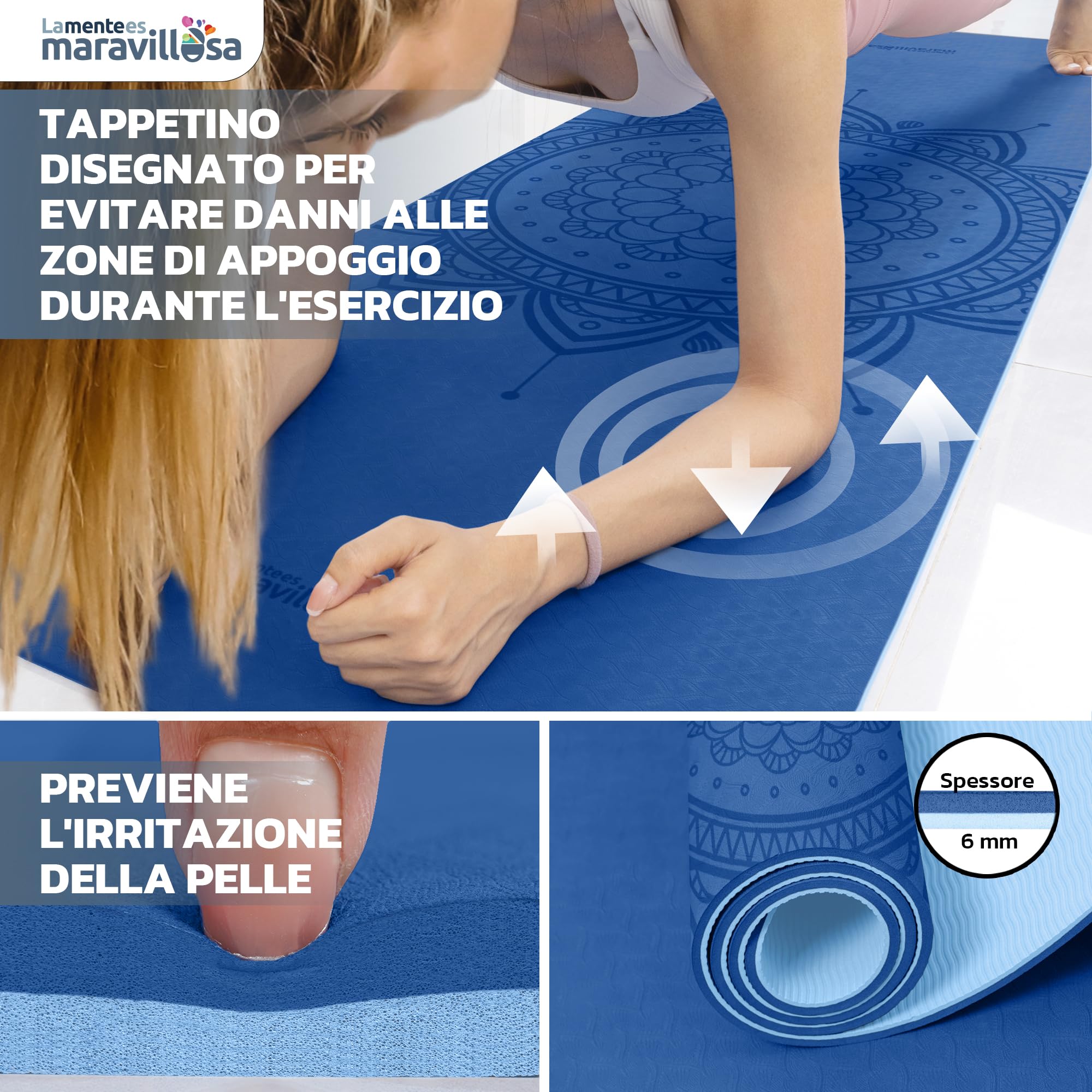 LA MENTE ES MARAVILLOSA - Tappetino Yoga e Pilates Antiscivolo in TPE, 183x61 cm, Spessore 6 mm, con Custodia, Tracolla ed E-Book, Materassino per Allenamento, Stretching e Meditazione