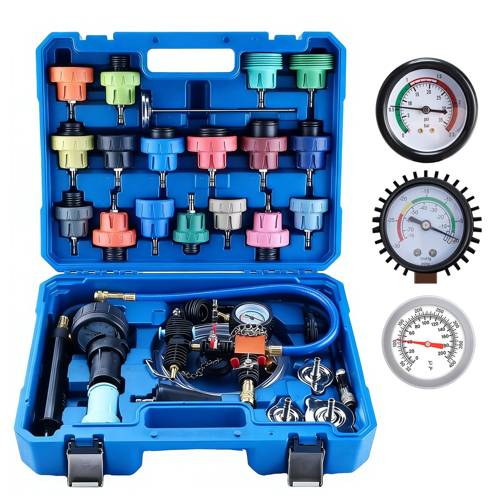FreeTec 31pzs Probador Presion Radiador, Universal Probador Presion Circuito Refrigeración, Kit Comprobador Fugas Purgador Liquido Refrigerante, Herramientas Radiador Coche con Bomba Adaptador (Azul)