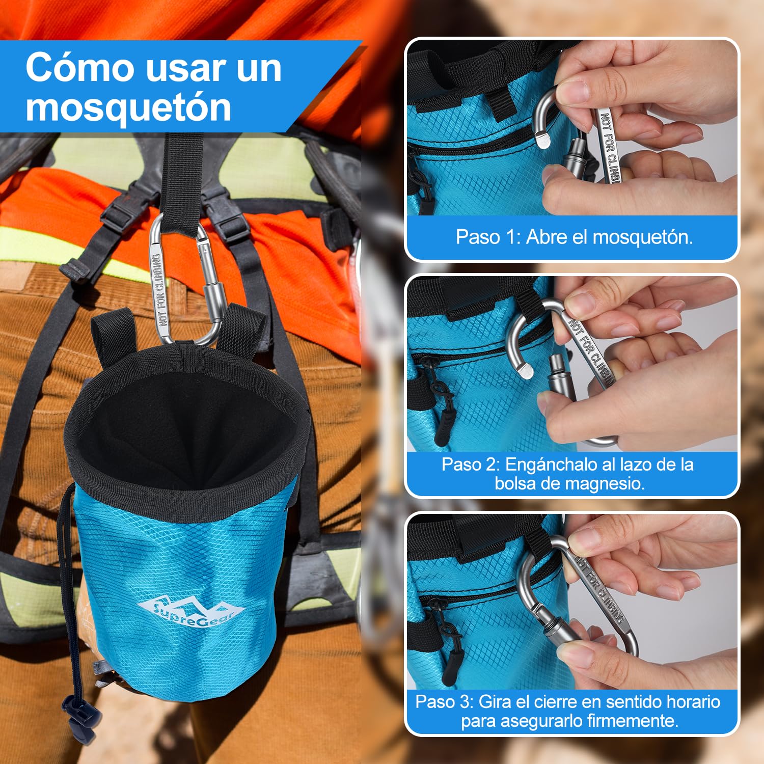 Supregear Bolsa de Magnesio para Escalada en Roca, Bolsillo Grande con Cremallera, Cierre de Cordón y Mosquetón