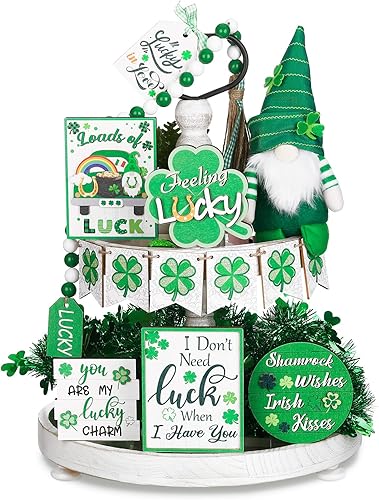 14 piezas de decoración de bandeja escalonada del día de San Patricio incluye 1 pieza de gnomos del día de San Patricio muñeca de peluche 3D centro