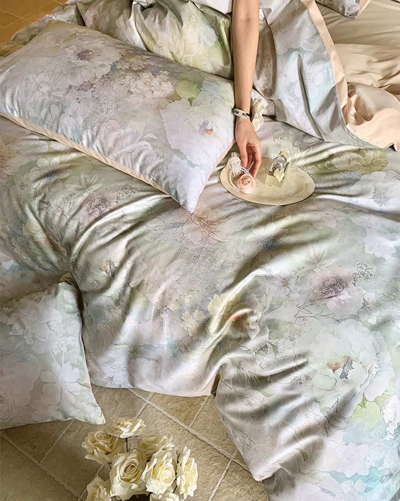 Pościel 220 x 240 cm, 200 x 230 cm, z motywem kwiatowym, zestaw 3-częściowy, miękka poszewka na kołdrę 500 TC, bawełna z prześcieradłem bez gumki i poszewki na poduszkę (zielona, 220 x 240-245