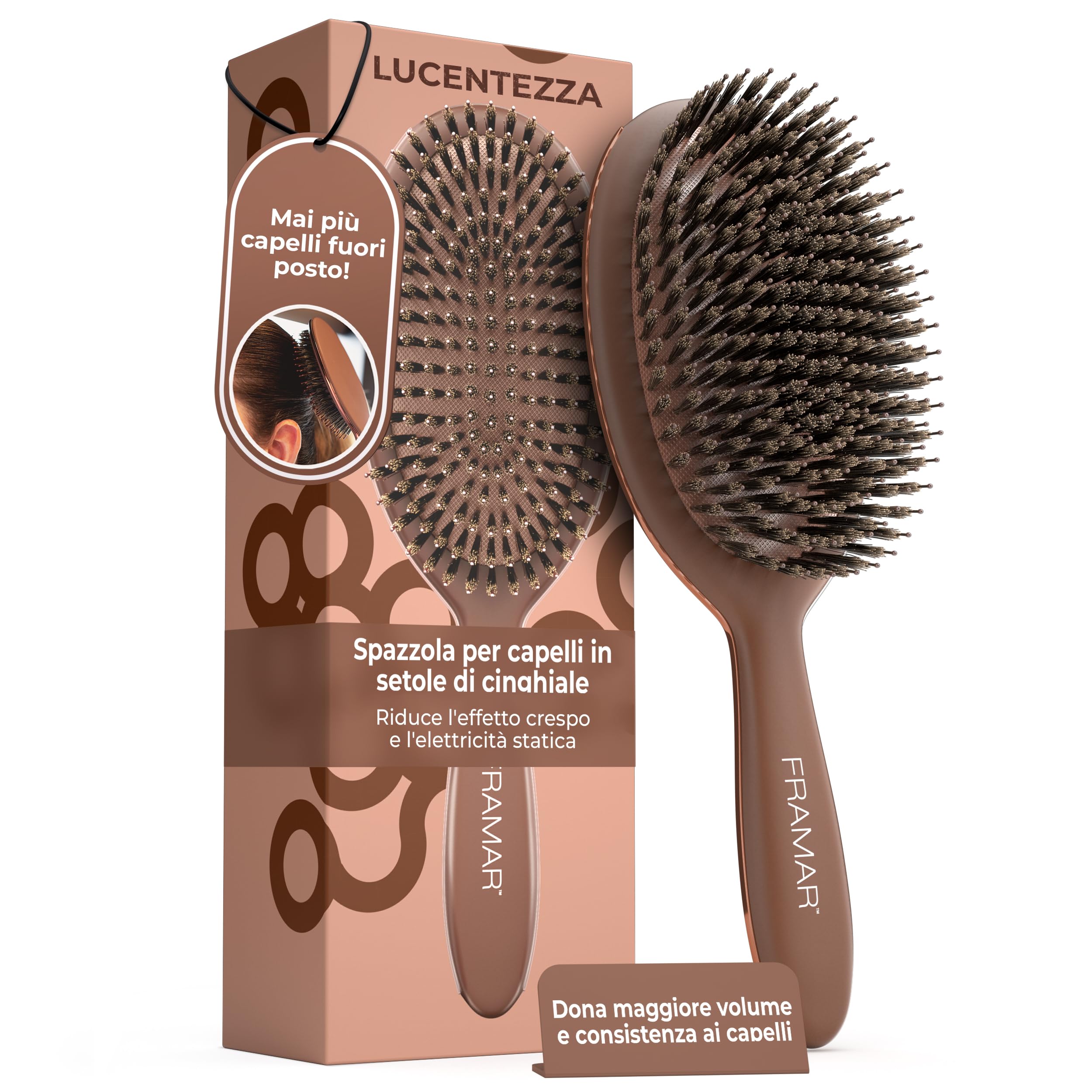 FRAMAR Spazzola Per Capelli Con Setole Di Cinghiale Morbide - Spazzola Per Capelli A Setole Naturali, Boar Bristle Brush, Spazzola Con Setole Di Cinghiale Per Capelli Fini - Cioccolato