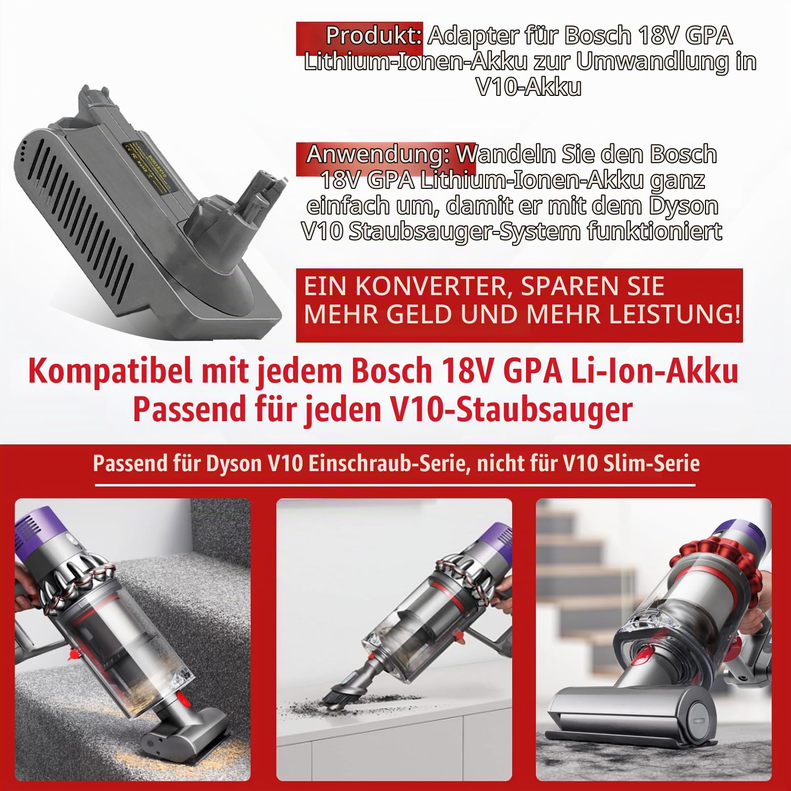 für Dyson V10 Akku Adapter für Bosch 18V GBA Akku auf für Dyson V10 Akku Cyclone V10 Animal V10 Absolute V10 Motorhead V10 Fluffy V10 Total Clean SV12 kabellos Staubsauger Einfach Montage V10