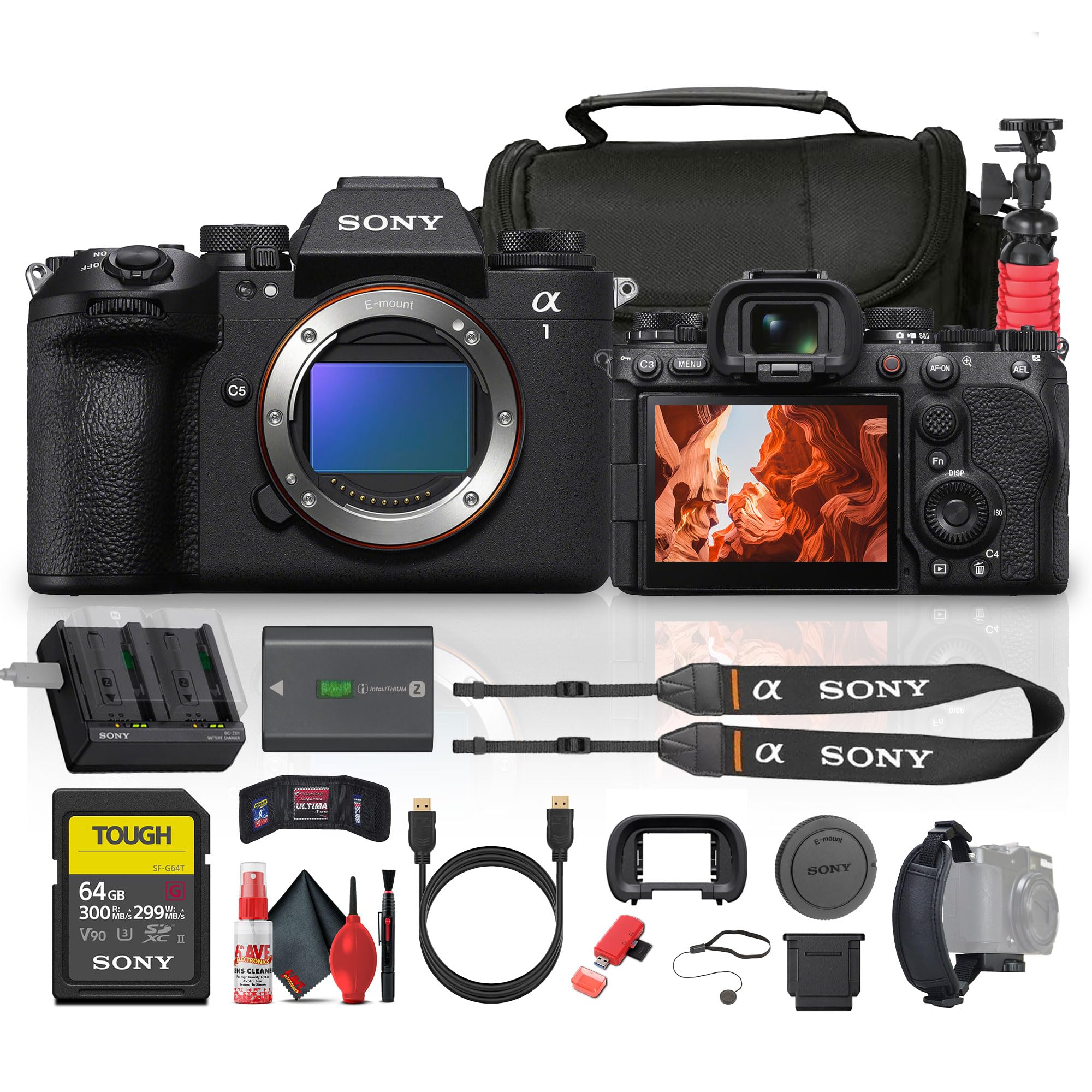 Sony Alpha a1 II Full-Frame Interchangeable Lens Mirrorless Camera (ILCE-1M2) + 64GB Memory Card + Camera Bag + Flexible Tripod + Cleaning Kit + HDMI