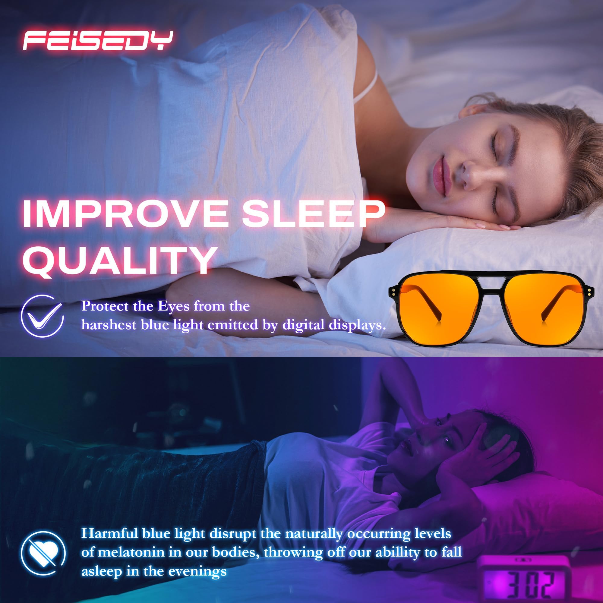 FEISEDY Retrò anni '70 Occhiali Anti Luce Blu 99.99% Luce Blu Blocco Occhiali da Gioco Computer per Uomo Donna Ambra Colorata G2835