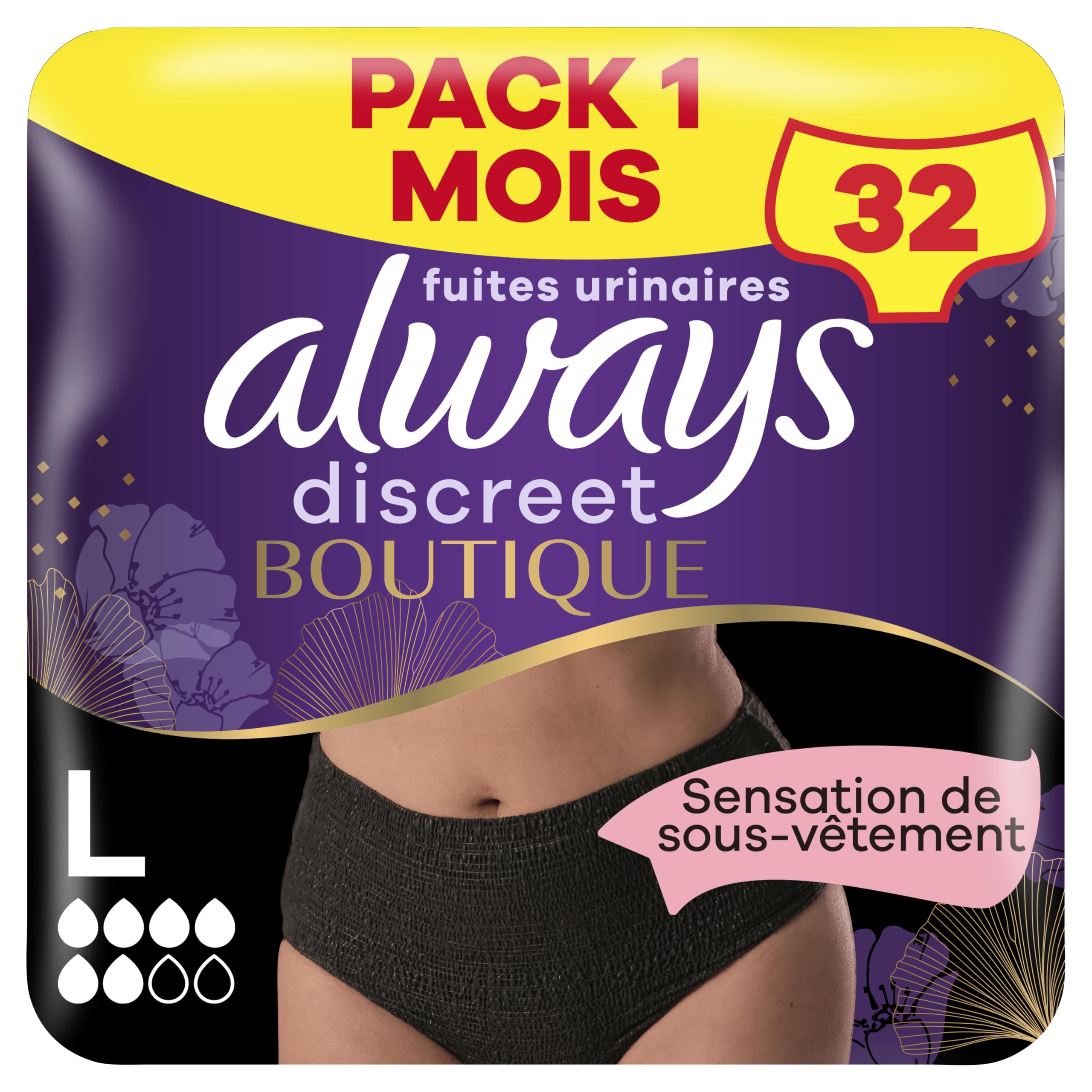 Always Discreet Boutique Culottes Pour Fuites Urinaires, Couleur noire Plus L, x Culottes, Sensation De vrai Sous-Vêtement, Super Absorbantes, Design Qui Épouse Les Formes Du Corps x 4