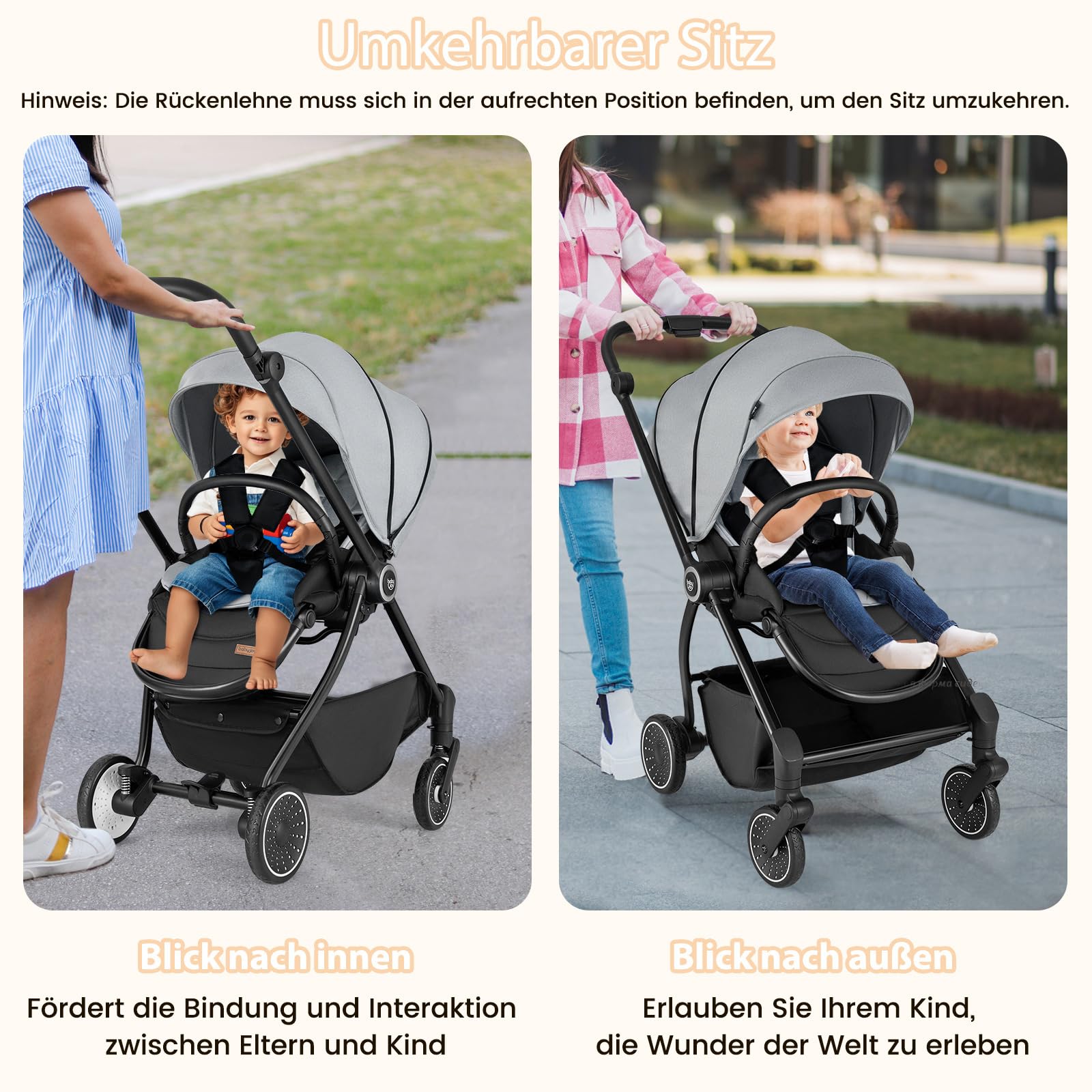 COSTWAY Kinderwagen faltbar mit umkehrbarem Sitz, Reisebuggy mit verstellbarer Rückenlehne, Griff, Sonnendach & Fußstütze, Babywagen Kinderbuggy mit Aufbewahrungskorb für 0-3 Jahre (Grau)
