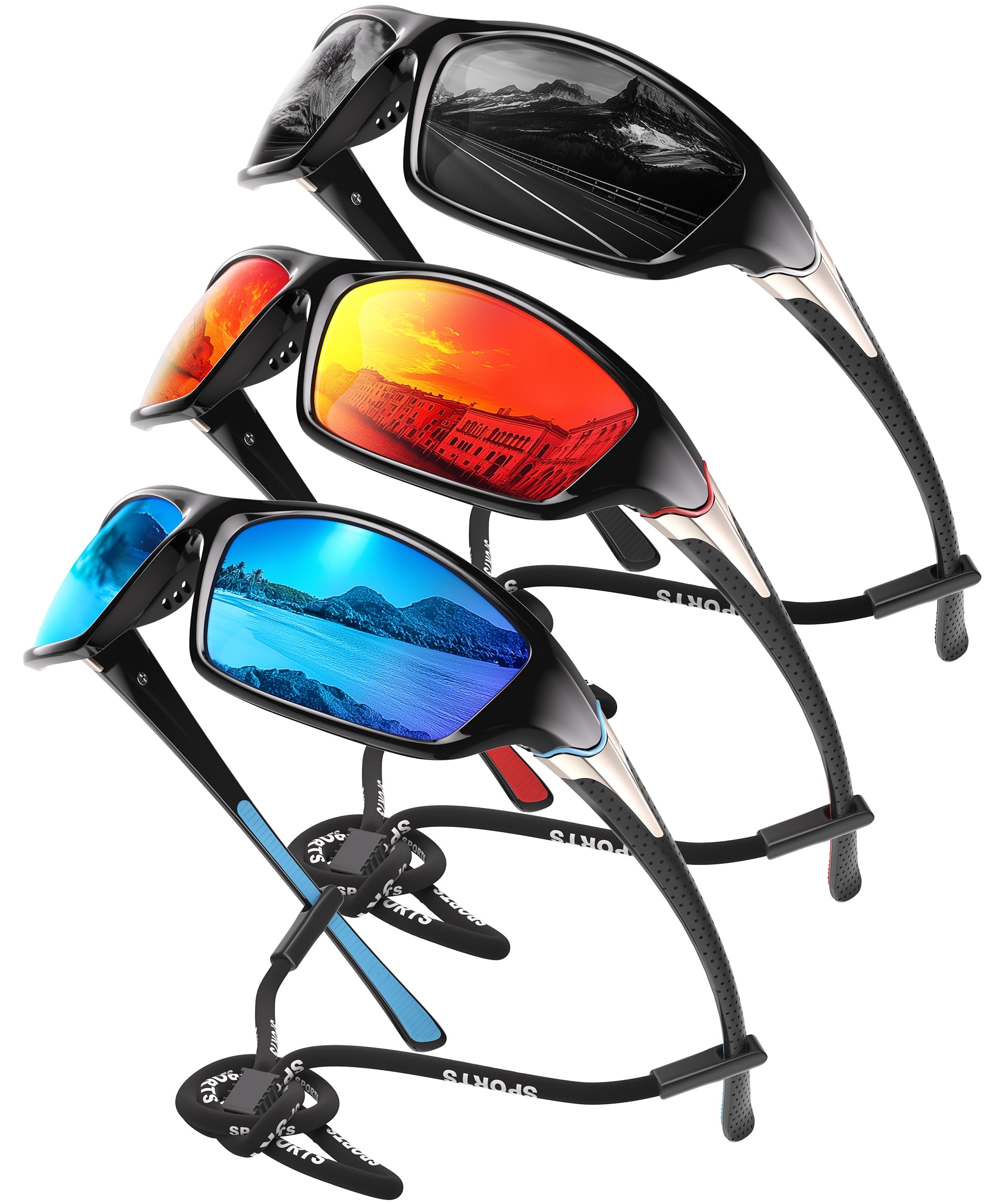 Polarized Sports Sunglasses for Men - Wrap Around UV Protection 3-Pack