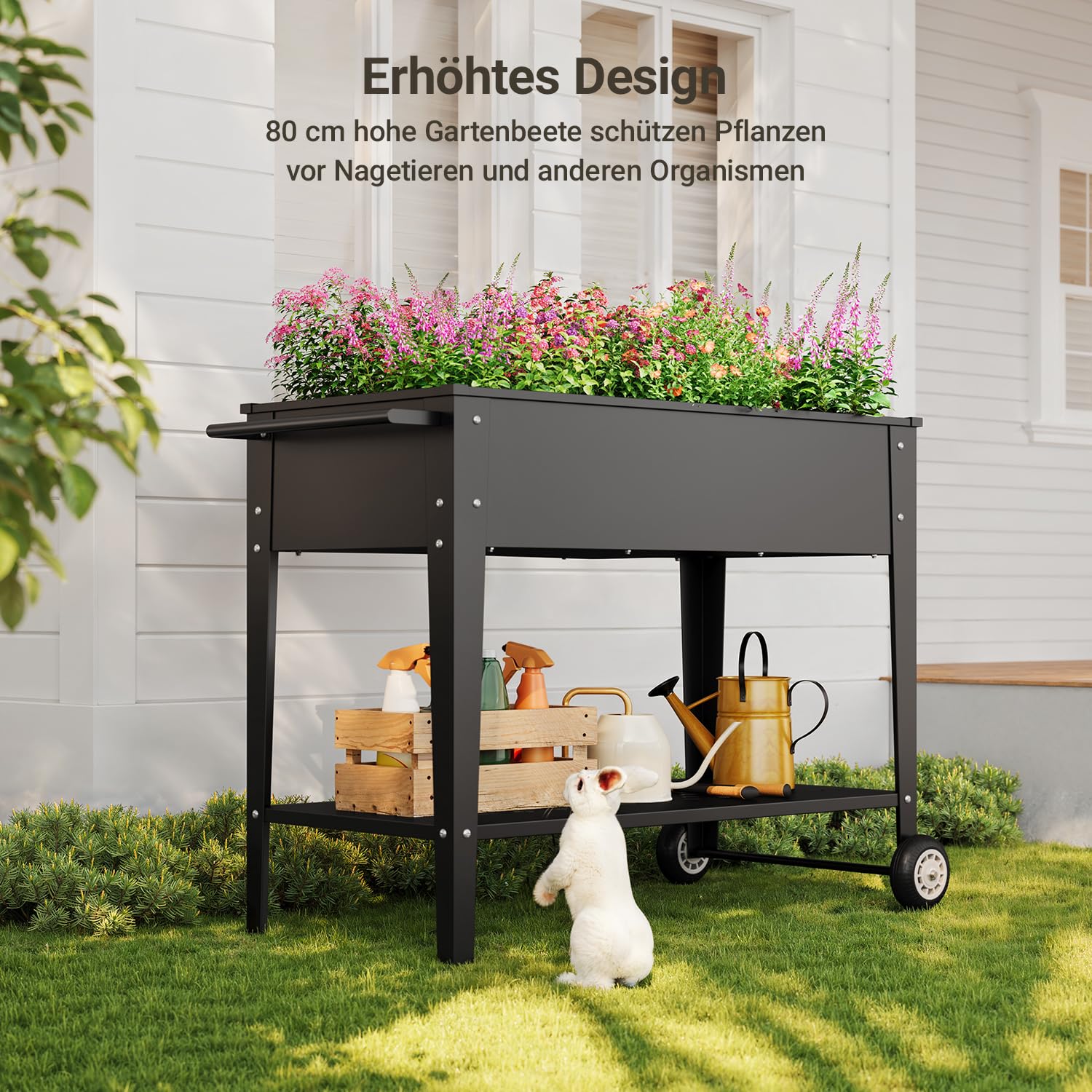 Xbro Huerto Urbano con Ruedas y Estante Inferior, Jardinera Elevada de Metal para Plantas, Flores y Verduras, Macetero Móvil para Terraza, Balcón y Jardín, 104 x 41 x 80 cm, Negro