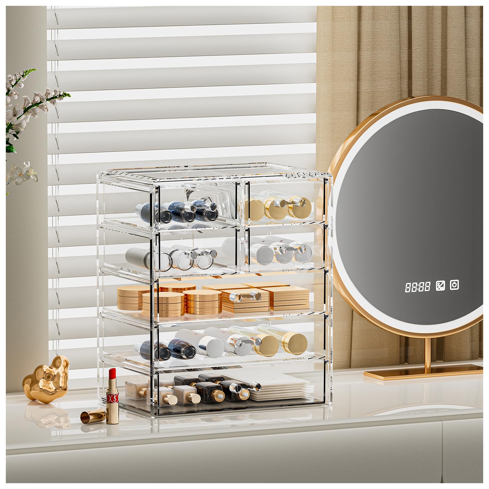 Organizador de maquillaje grande de acrílico transparente, organizador de joyas, organizador de maquillaje perfecto y almacenamiento para tocador, baño (3 cajones grandes, 4 pequeños,