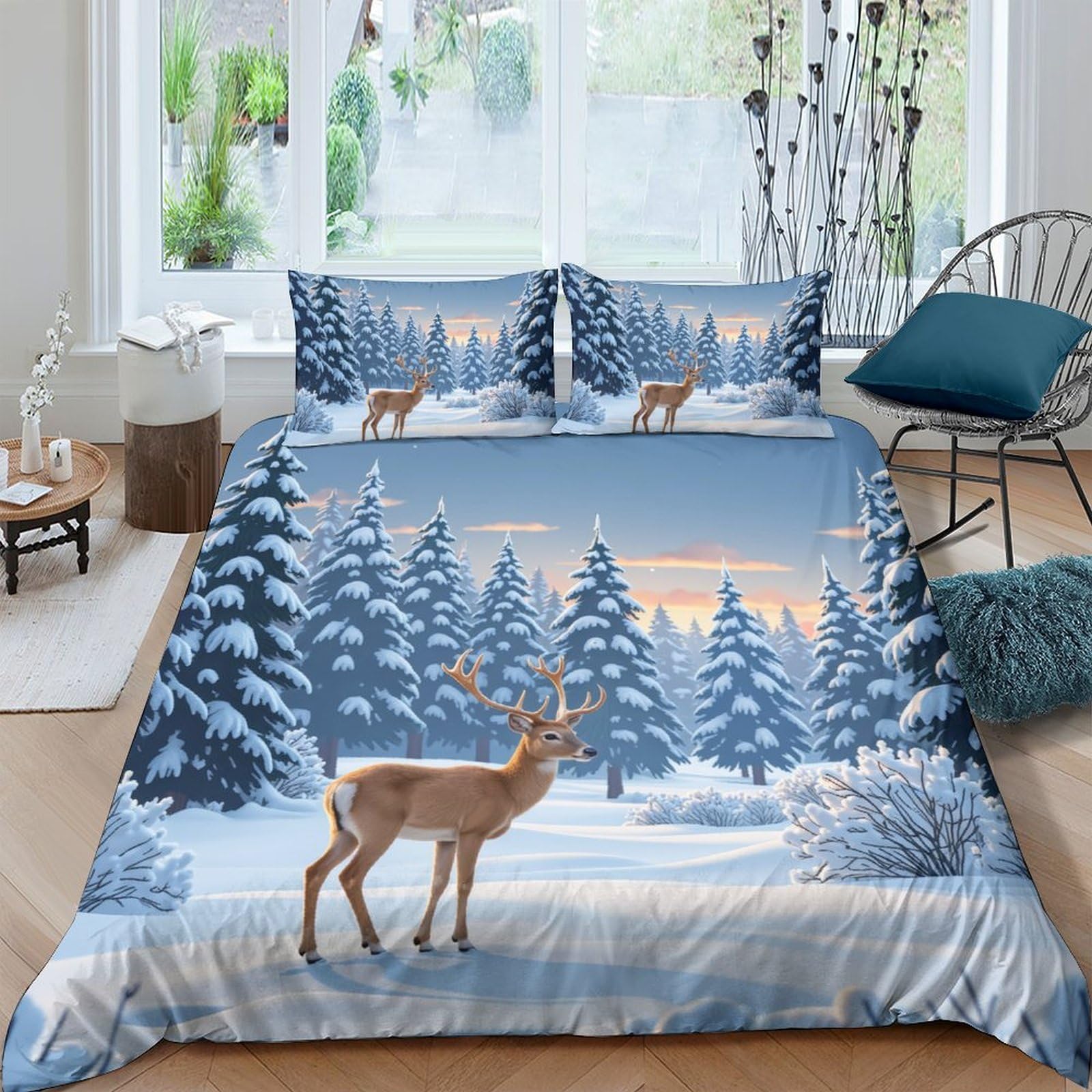 Ctjqhvkz Style-10 3D Printed Winter Forest Fitted Sheet Microfiber Soft Deer Meadow Mattress Cover For Bedroom Guest Room Decor Single（135X200cm）