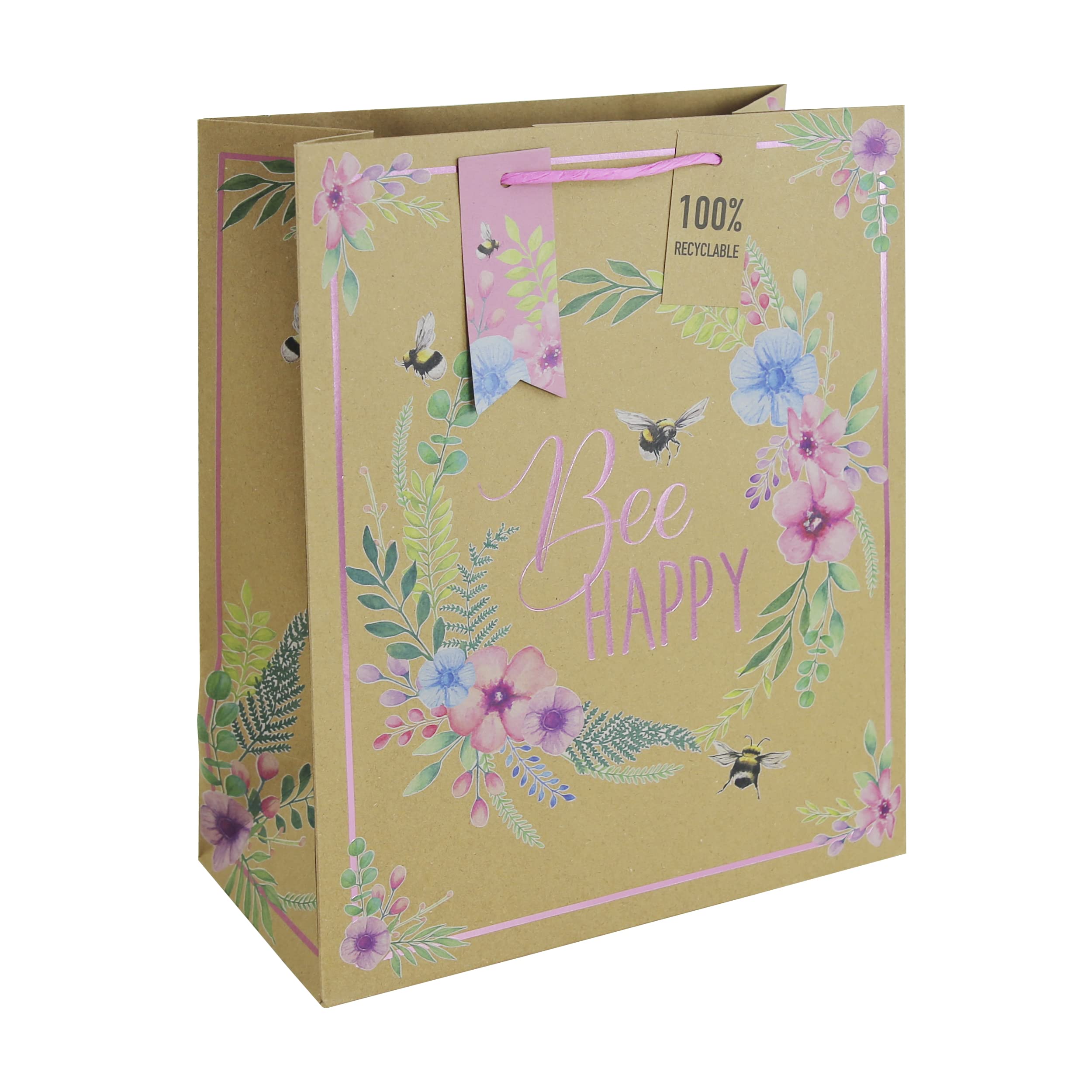 Eurowrap Brown Floral Bee Happy Kraft Paper Gift Bag 100% Recyclable With Gift Tag Spring Birthday Mothers Day Easter Valentines Large