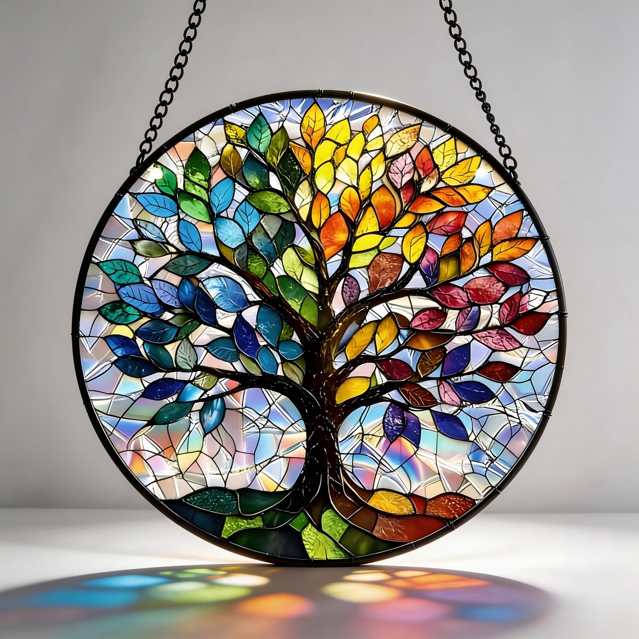 Minwegi Multicolored Sun Catcher Tree Of Life - 20 Inch Colorful Acrylic Window Hanging Ornament With Stained Glass Effect For Home Decor, Light Reflection Decoration