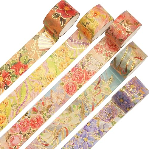 YUBBAEX Blooming Washi - Juego de cinta adhesiva de papel de aluminio dorado, peonía ancha decorativa para artes, manualidades, suministros de