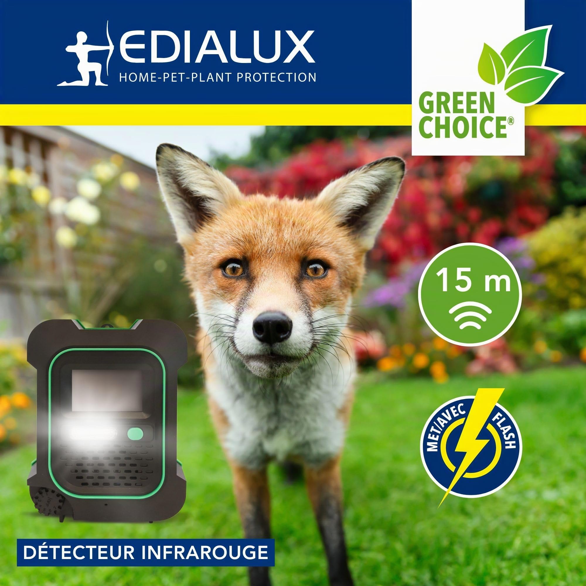 Edialux Repulsif Animaux Ultrason extérieur avec Flash LED détection de Mouvement fréquences réglables Couverture 200 m2 IP44 résistant aux intempéries