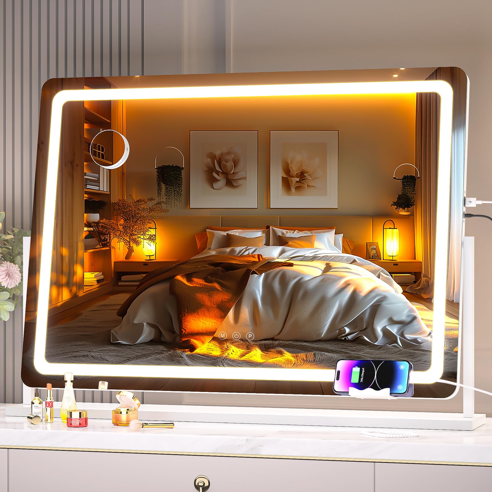 Hasipu Vanity Mirror with Lights, 40" x 29" LED Makeup Mirror, Light up Mirror with 10X Magnification and Phone Holder, USB Charging Port, Smart Touch